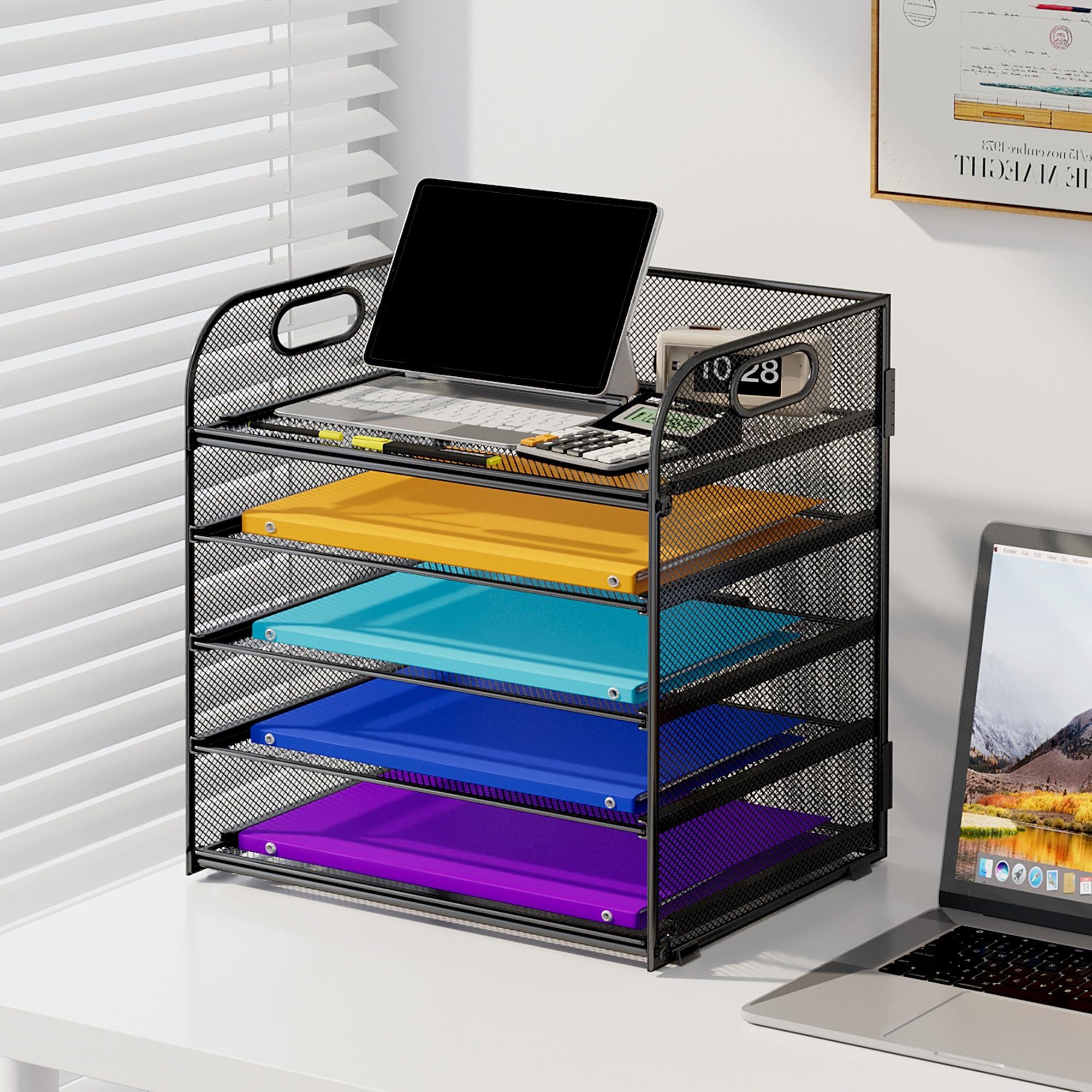 Cawukege 5 Tier Paper Organizer with Handle, Metal Mesh Desk Organizer File Folder Paper Letter Tray Desktop Document Sorter for Classroom, School, Office Accessories Organization and Storage - Black - Image 2