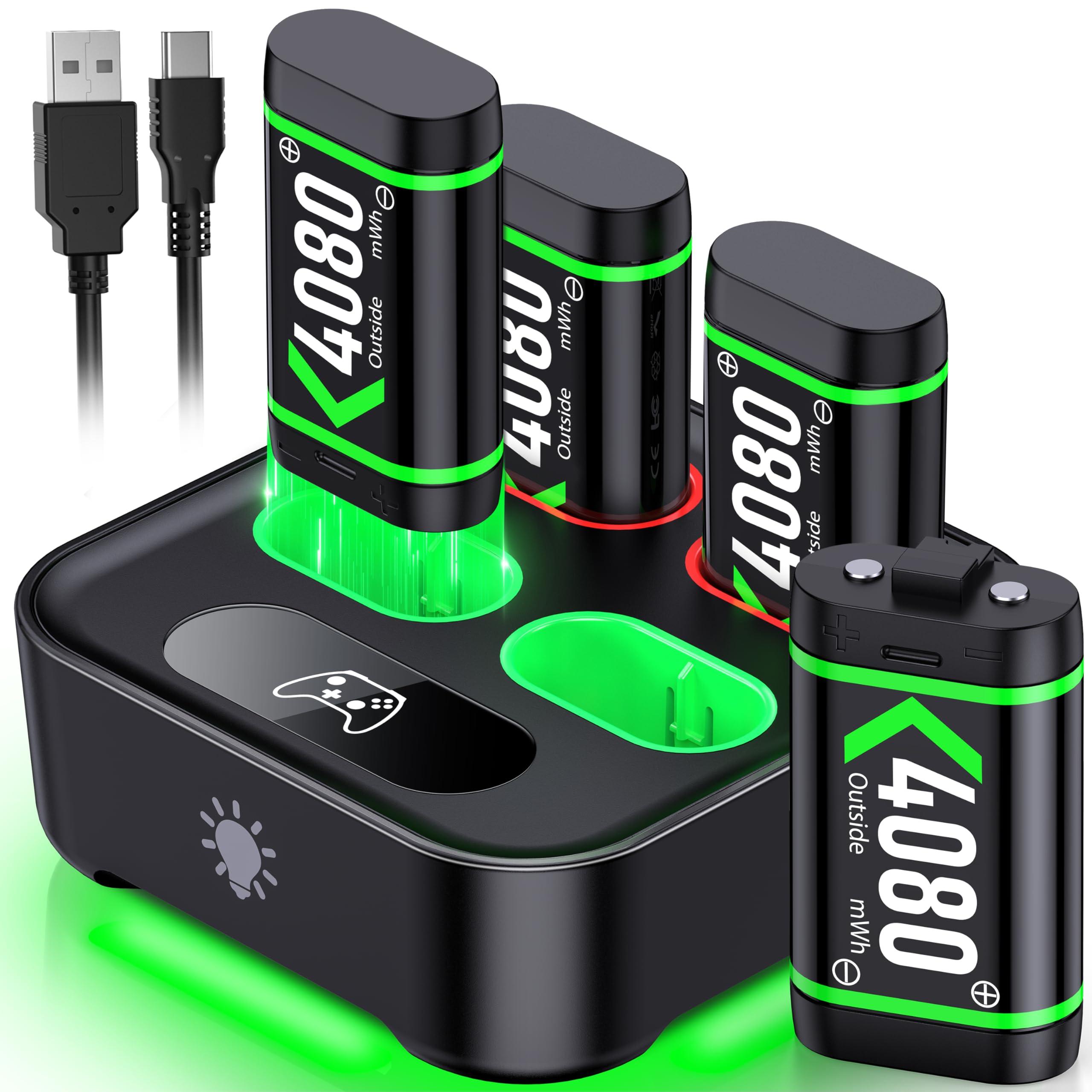 Upgraded Fast Charging Rechargeable Battery Packs for Xbox, 4 x 4080mWh Xbox Controller Batteries with Charger Dock & Light Control for Xbox Series X|S, One S/X/Elite Controllers, Console Accessory