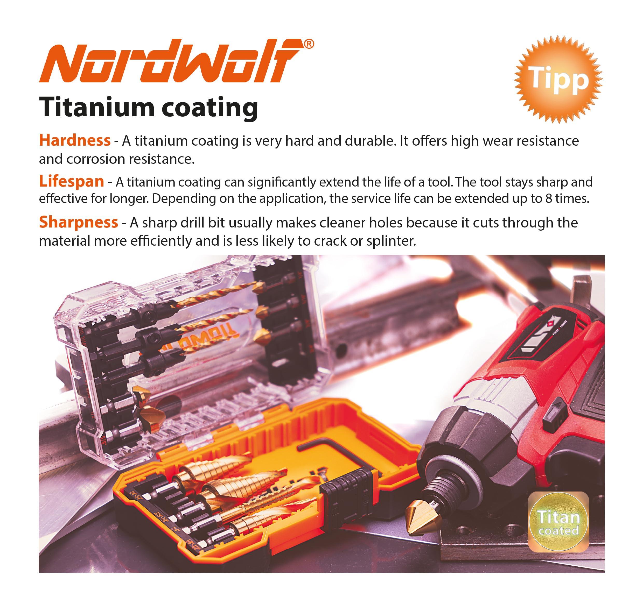 NordWolf 13-Piece HSS Titanium Spiral Flute Step Drill, 82-Degree 3 Flutes Countersink & Tapered Drill 4 Cutters Countersink and Saw Drill Bit Set with 1/4" Hex Shank in Storage Case - Image 3