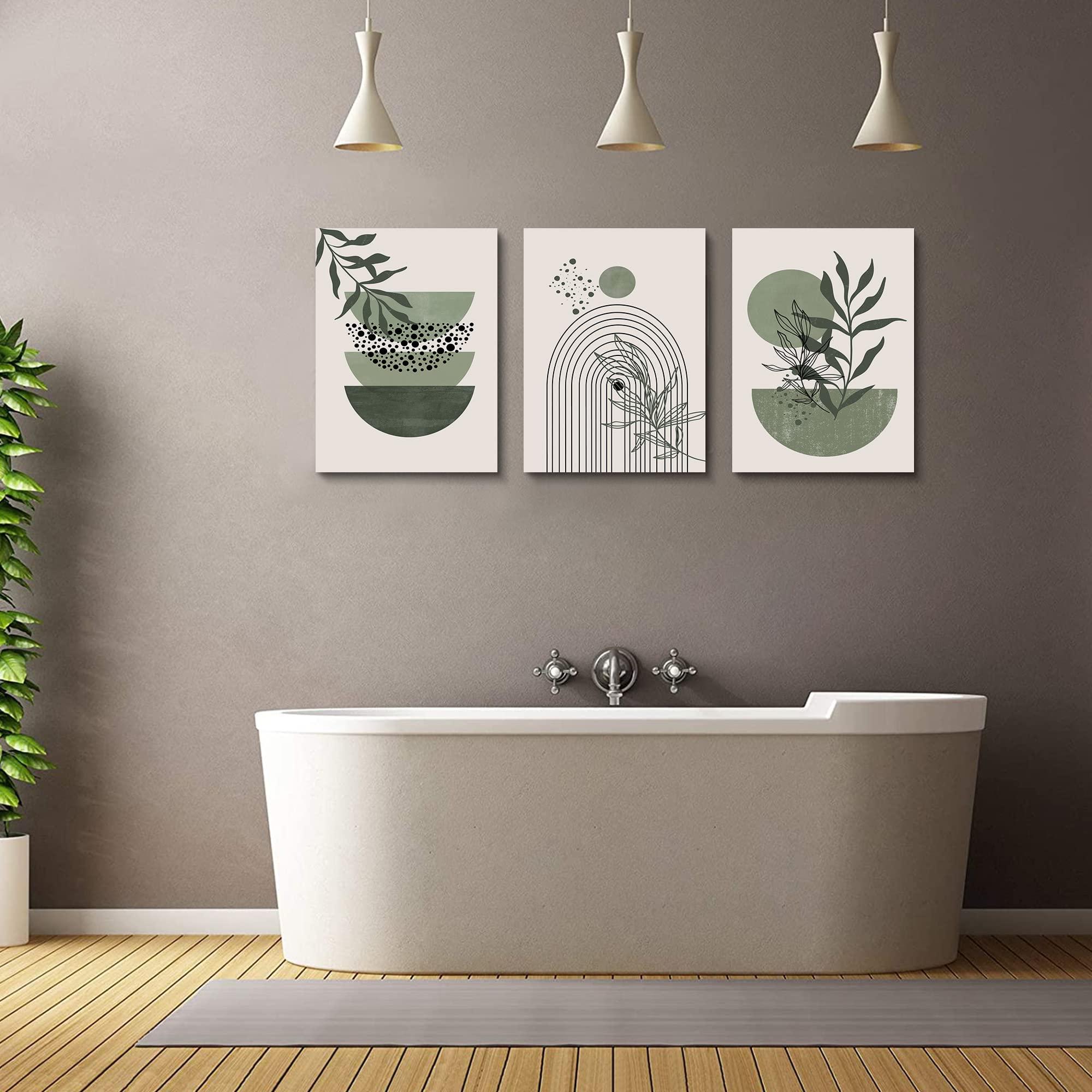 Sage Green Wall Posters & Prints, Green Boho Wall Art Set of 3, Minimalist Framed Wall Art Geometric Line Leaf Sun Moon Beige Green Canvas Artwork Paintings - Image 5