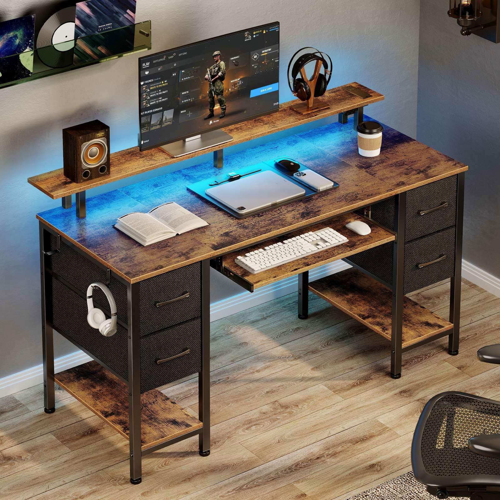 Seventable Computer Desk 55.1" with LED Lights & Power Outlets, Home Office Desk with 4 Drawers, Writing Desk with Keyboard Tray, Study Table with Monitor Stand, Work Table for Office, Rustic Brown - Image 6
