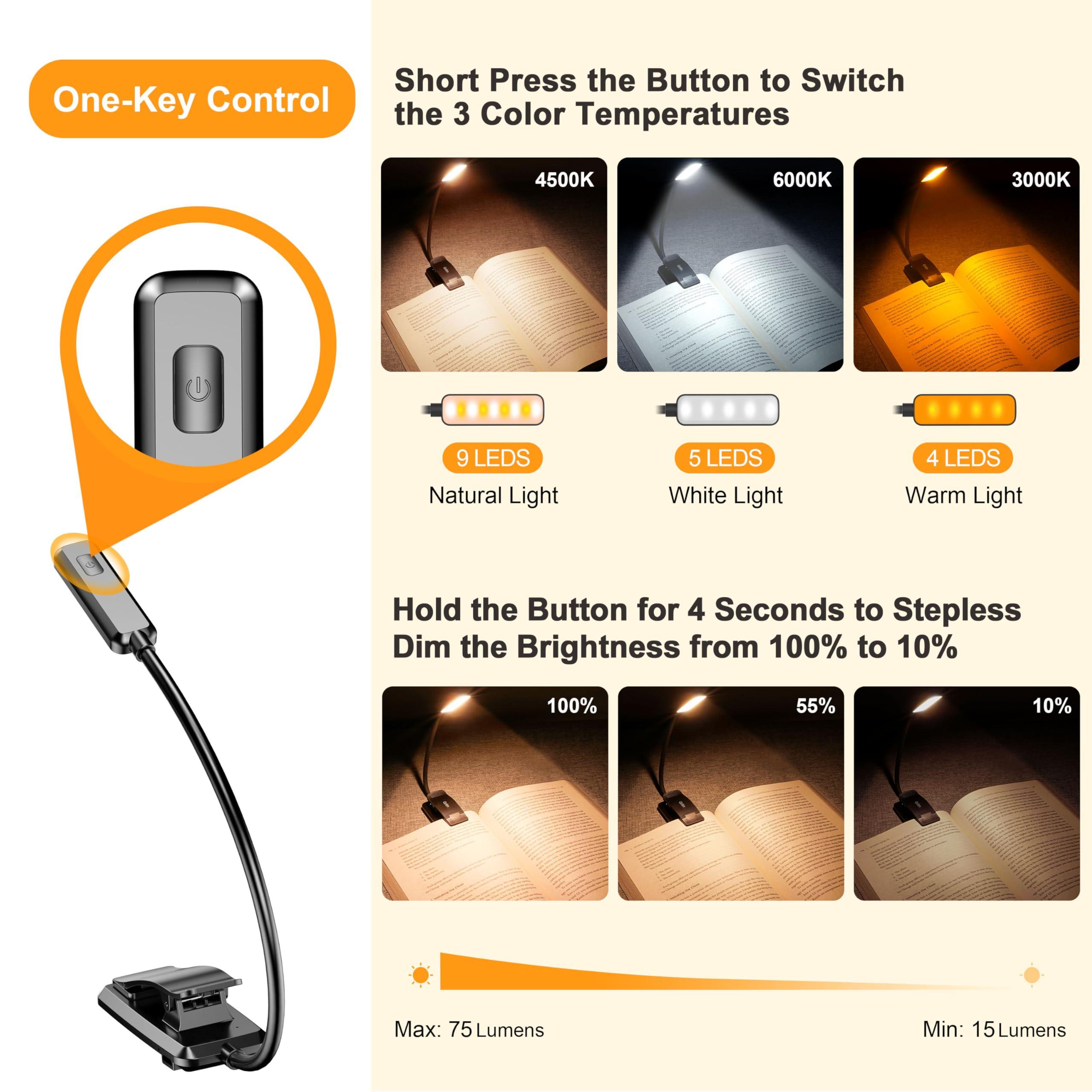 Gritin 9 LED Rechargeable Book Light for Reading in Bed - Eye Caring 3 Color Temperatures,Stepless Dimming Brightness,80 Hrs Runtime Small Lightweight Clip On Book Reading Light for Studying - Image 3