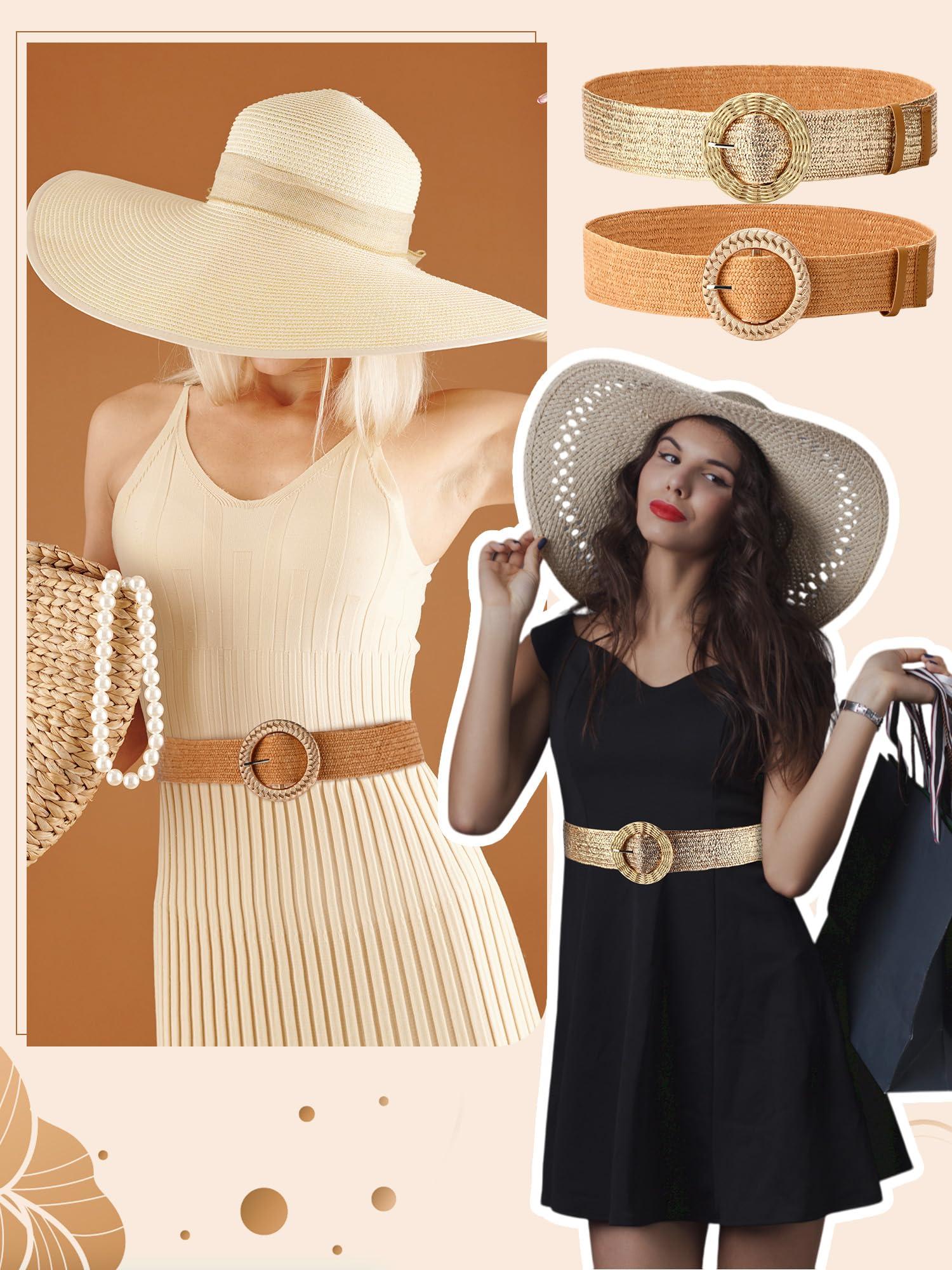 WILLBOND 4 Pcs Straw Woven Belt Elastic Stretch Rattan Buckle Waist Belt Women Skinny Raffia Dress Waist Band - Image 3