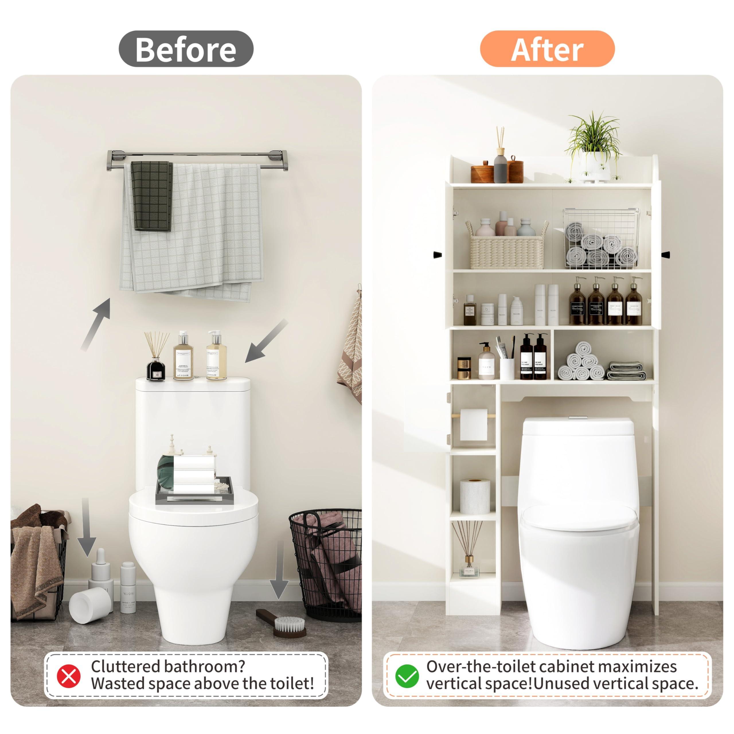 MUUEGM Over The Toilet Storage Cabinet with Barn Doors, White Bathroom Organizer Shelf, Tall Bathroom Storage Cabinet with Toilet Paper Holder, Above Toilet Cabinet for Restroom, Laundry - Image 3