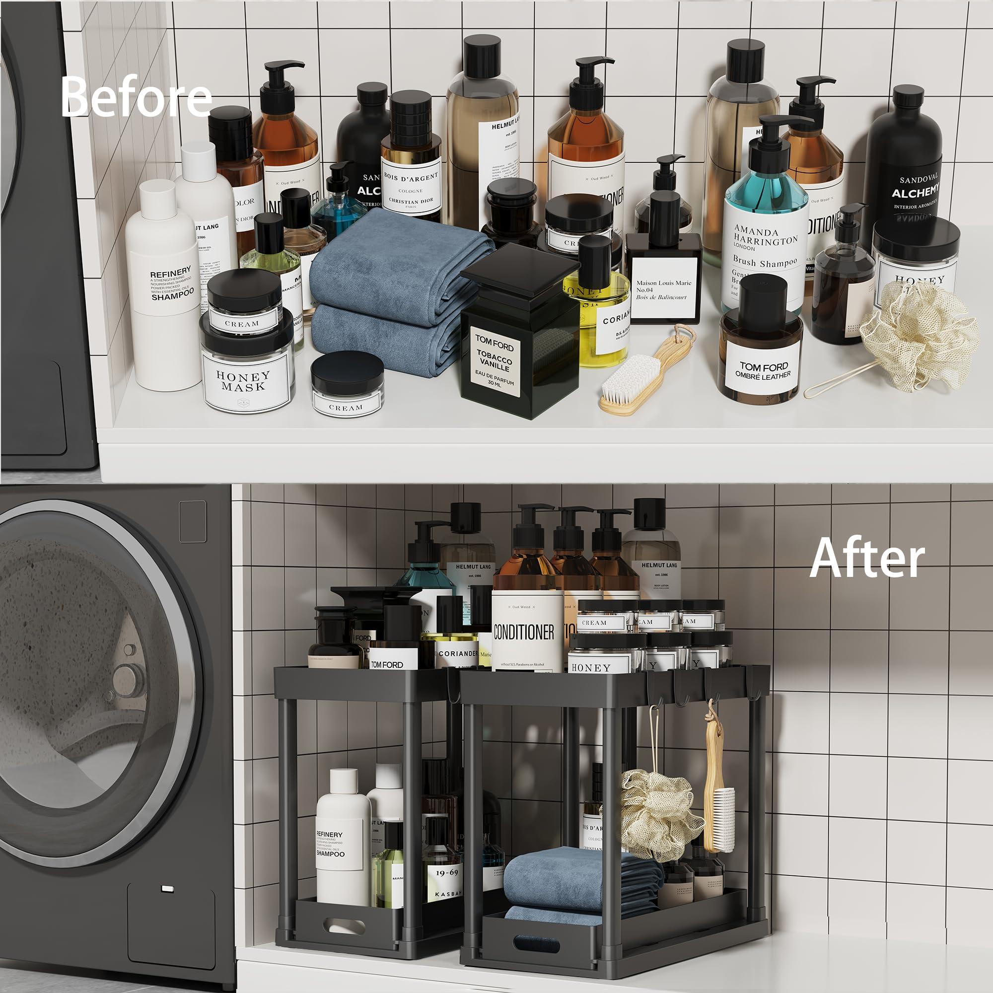 POUGNY 2PC Under Sink Organizer Rack 2 Tier Under Sliding Cabinet Basket Organizer Drawer with 4 Hooks, Multi-purpose Under Sink Storage for Bathroom Kitchen Desktop（Black） - Image 3