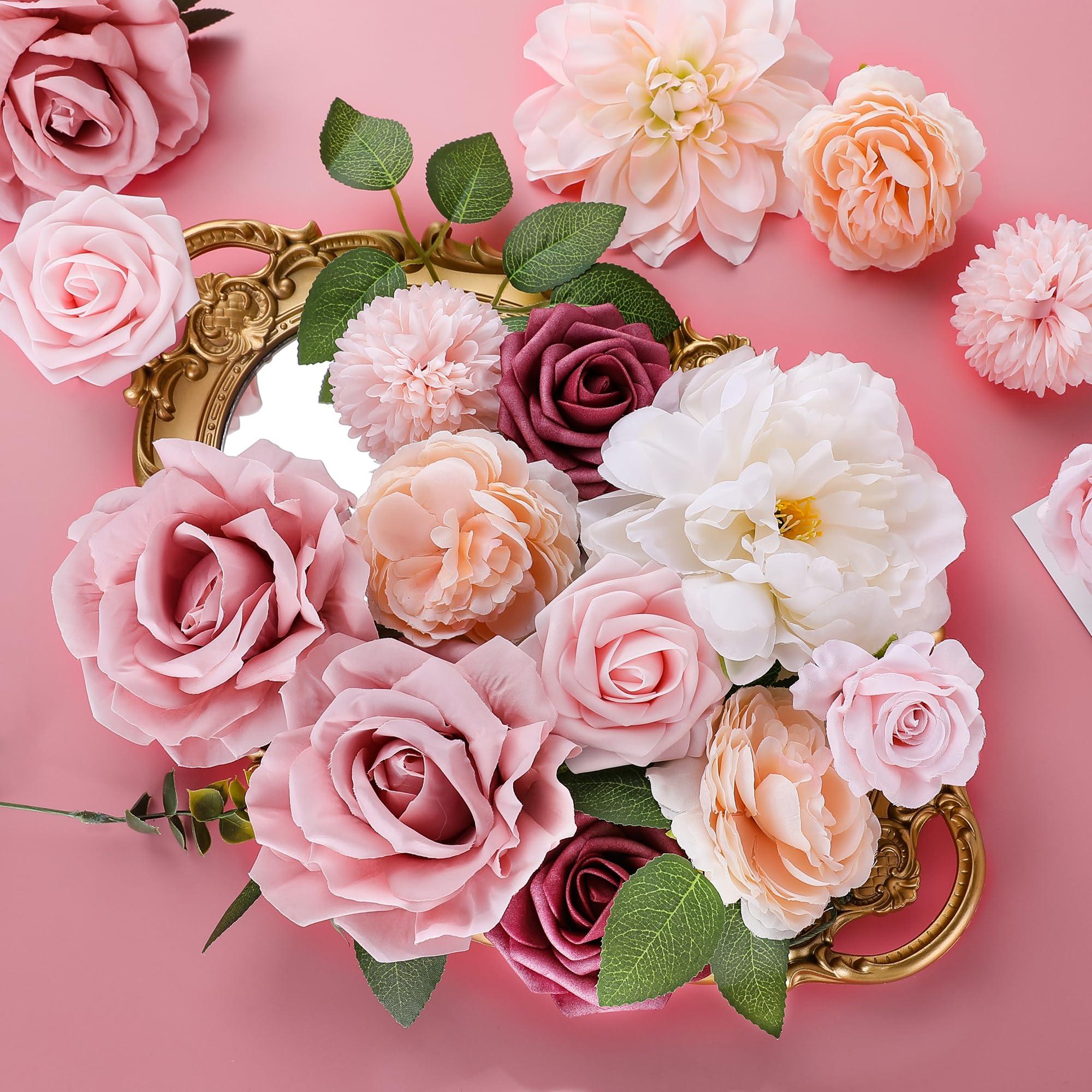 AGIRL Rose Artificial Flowers Combo Fake Flowers Pink Roses Silk Flowers with Stems for DIY Bridal Wedding Bouquets Centerpieces Arrangements Table Party Baby Shower Home Decor (Champagne Pink) - Image 2