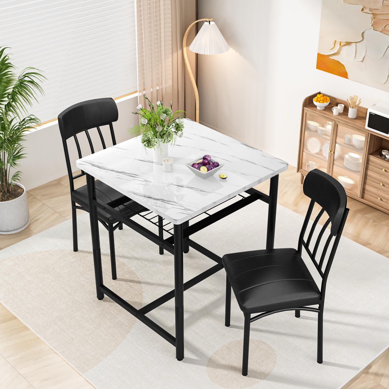 Lamerge 3-Piece Marble Table and Chairs Set, Kitchen Table and Leather Chairs for 2 People, Built-in Wine Rack for Small Space, Square Dinette Kitchen Table Set for Apartment, Studio, Home & Office - Image 5