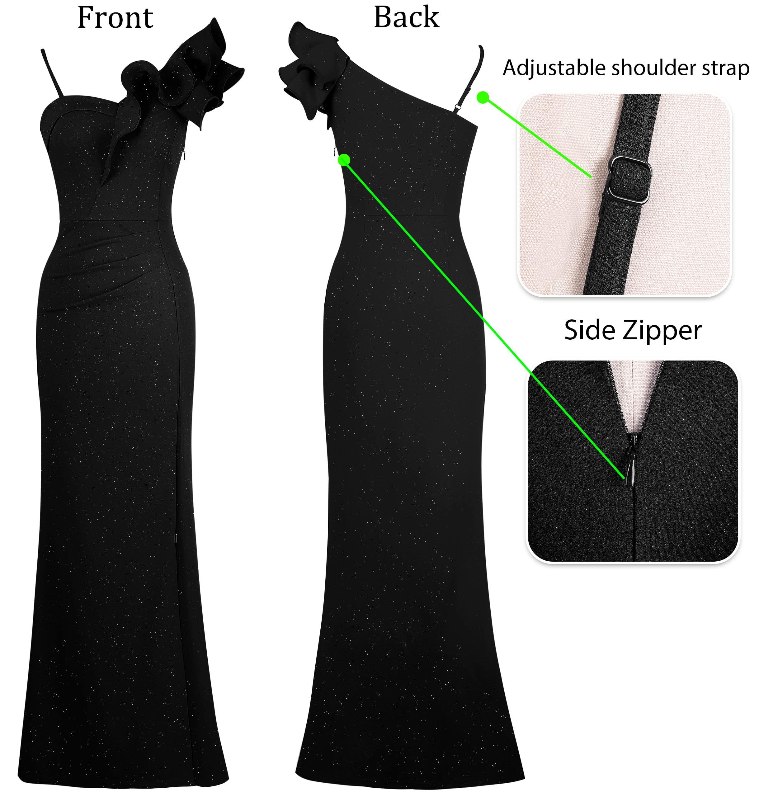 VFSHOW Womens Ruffle One Shoulder Strap Ruched Formal Prom Wedding Maxi Dress V Neck Elegant Split Cocktail Evening Long Gown - Image 5