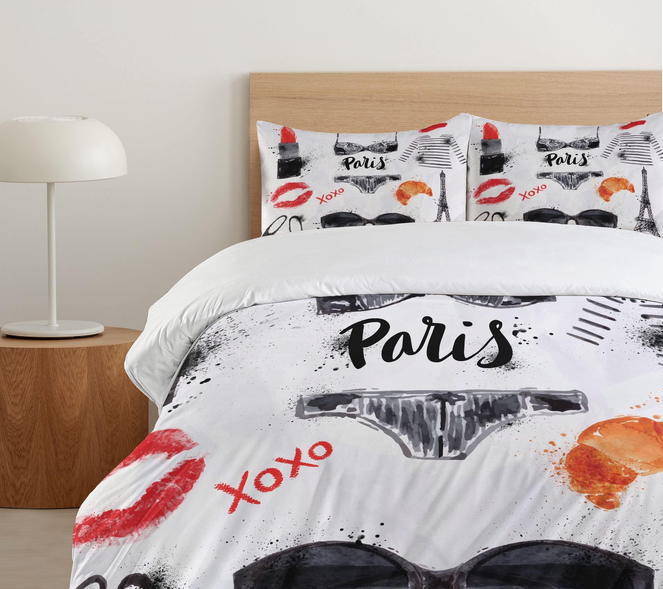 Lunarable Paris Duvet Cover Set, Eiffel Tower Glasses Lipstick Shoes Lingerie Accessories, Decorative 3 Piece Bedding Set with 2 Pillow Shams, California King, Vermilion Pale Grey - Image 5