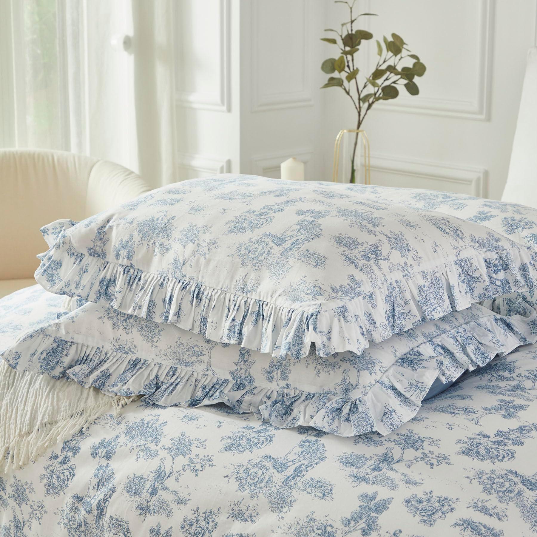 Brandream French Country Toile Queen Duvet Cover Set for Girl Women Bedroom Vintage Blue Toile Floral Print 100% Cotton Duvet Quilt Comforter Cover Pillow Shams Set with Delicate Ruffle Fringe - Image 7
