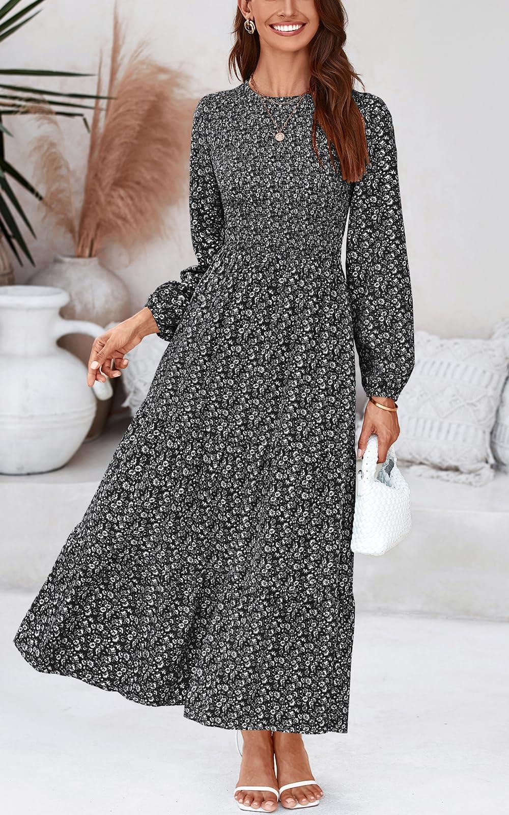 PRETTYGARDEN Women's Spring Dresses 2025 Long Sleeve Flowy Casual Floral Maxi Dress Crew Neck Smocked Tiered Long Dress - Image 2