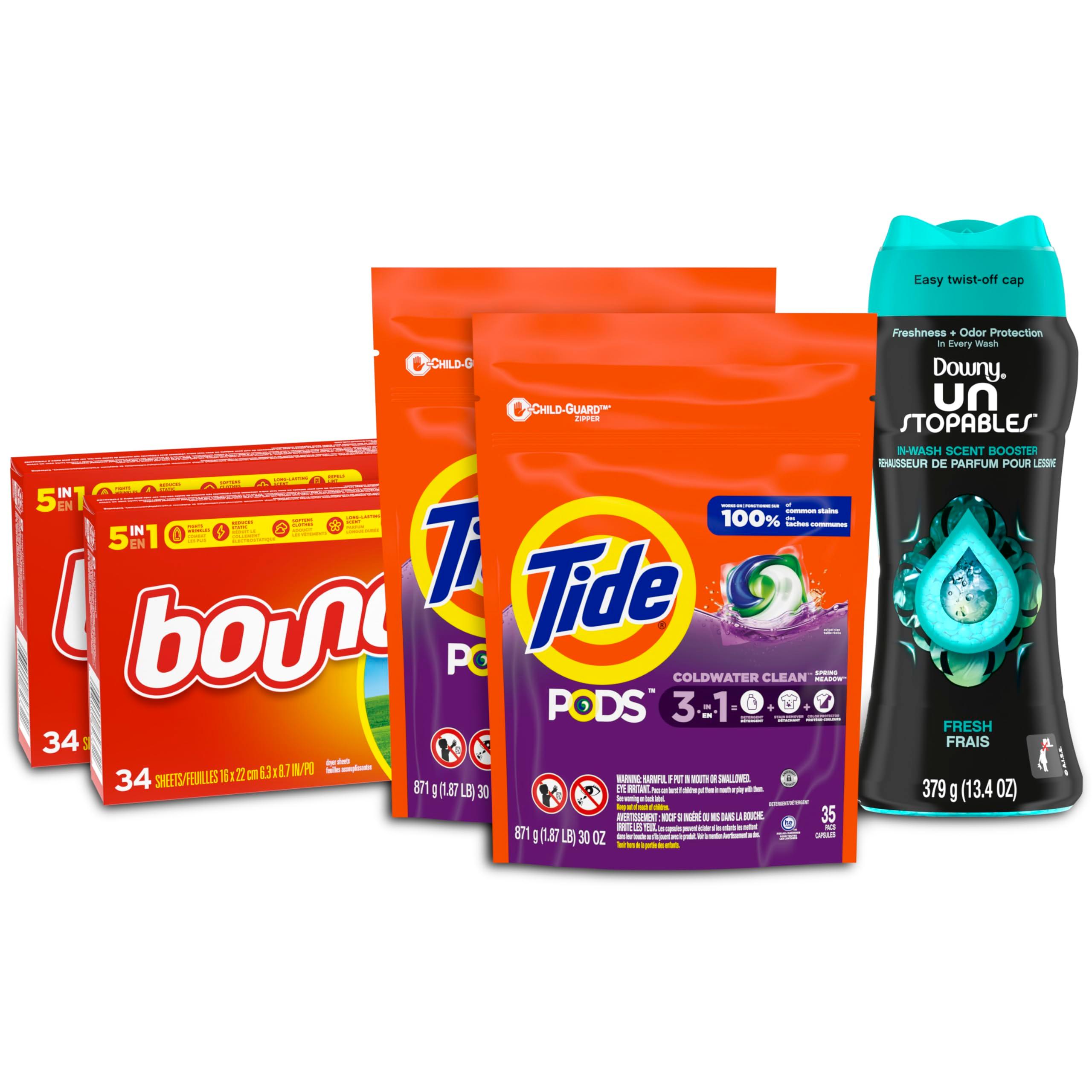 Tide Pods Liquid Laundry Detergent Pacs, Downy Unstopable Scent Beads and Bounce Dryer Sheets, Better Together Bundle