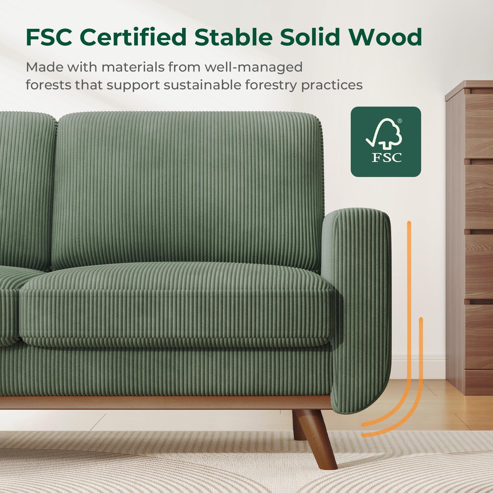 Vesgantti 68" Loveseat Sofa - Green, Comfy Corduroy with Spring Cushion, Solid Wood Frame, Modern Deep Seat, Bedroom & Living Room, Office Couch - Image 3