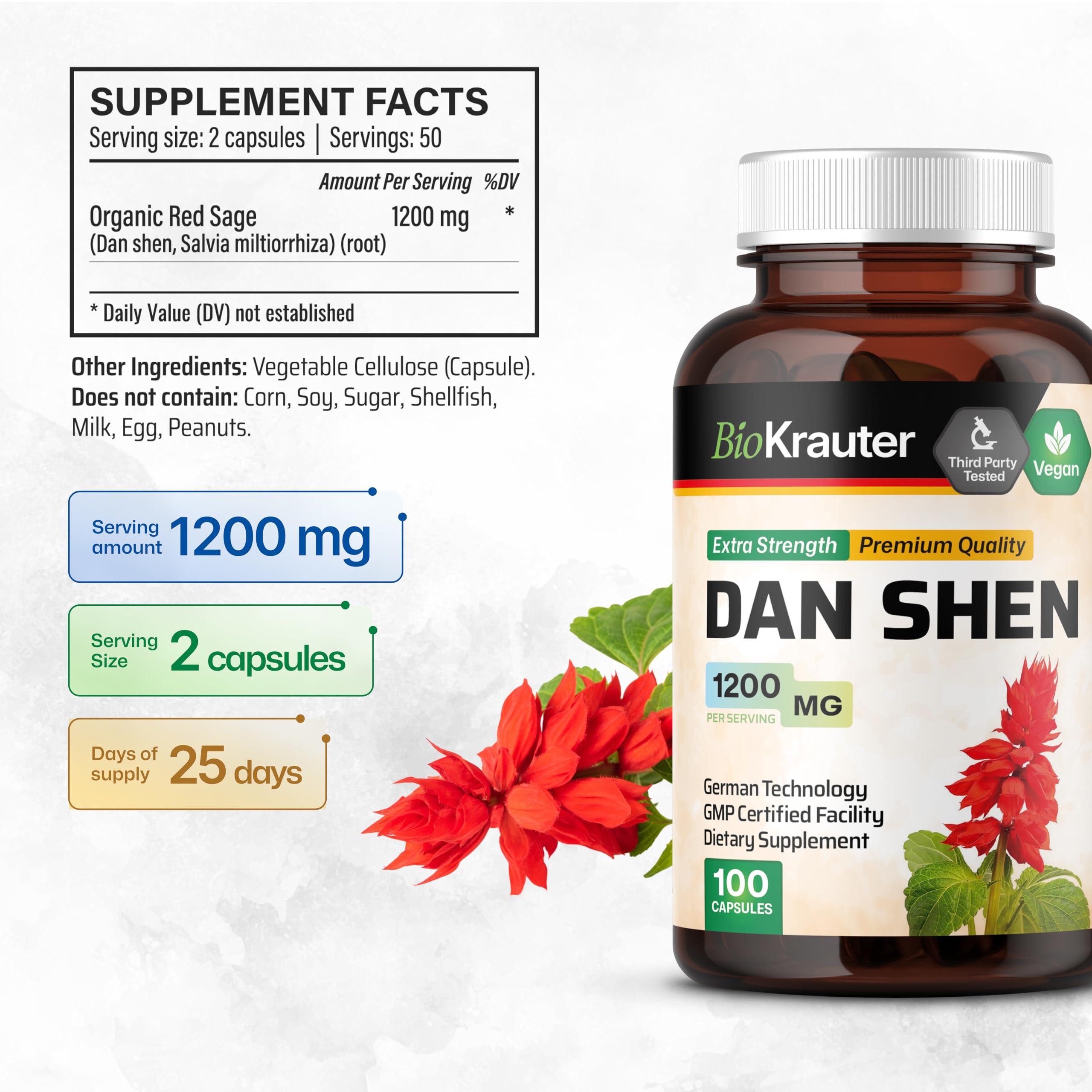 BIO KRAUTER Dan Shen Root Capsules - 1200 mg Strength - 100 Red Sage Caps - Antioxidant Source - Salvia Miltiorrhiza Root - Vegan - Image 3