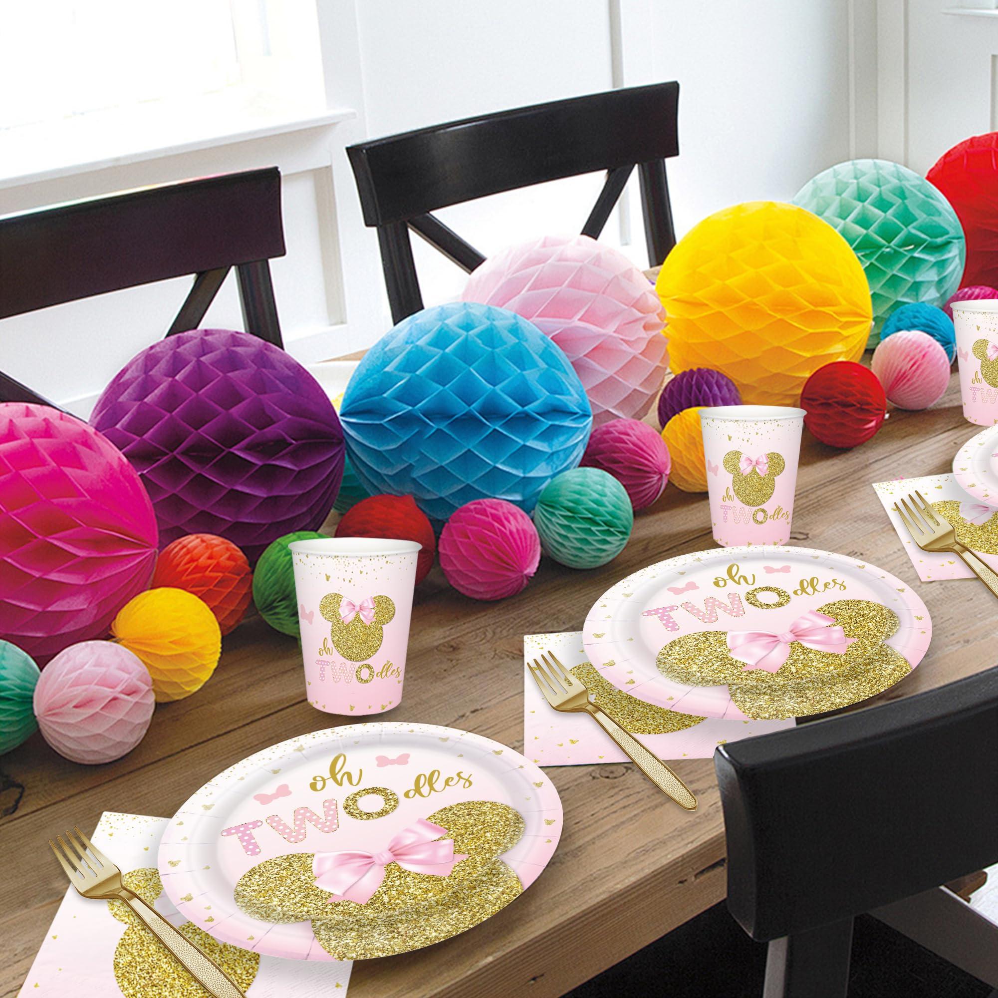 168pcs Oh Twodles Birthday Decorations Girls 2nd Plates Napkins Pink Mouse Party Supplies Two Years Old Paper Tableware Set Disposable Birthday Party Dinnerware Kids Serve 24 Guests - Image 6