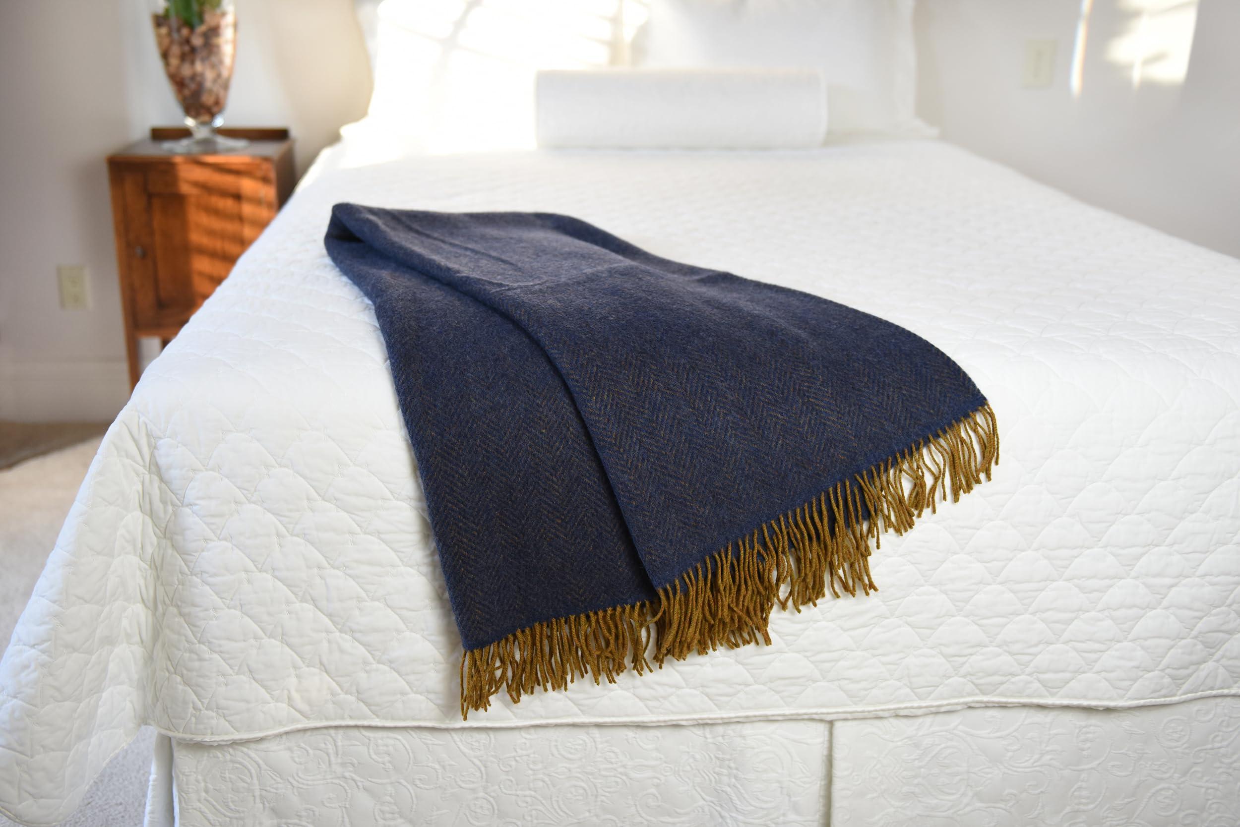 Premium Irish Cashmere & Merino Wool Blend Throw Blanket, 54" x 71 Inches, Soft Warm Feel, Imported from Ireland, Rich Classic Herringbone Pattern, Blue & Gold - Image 7