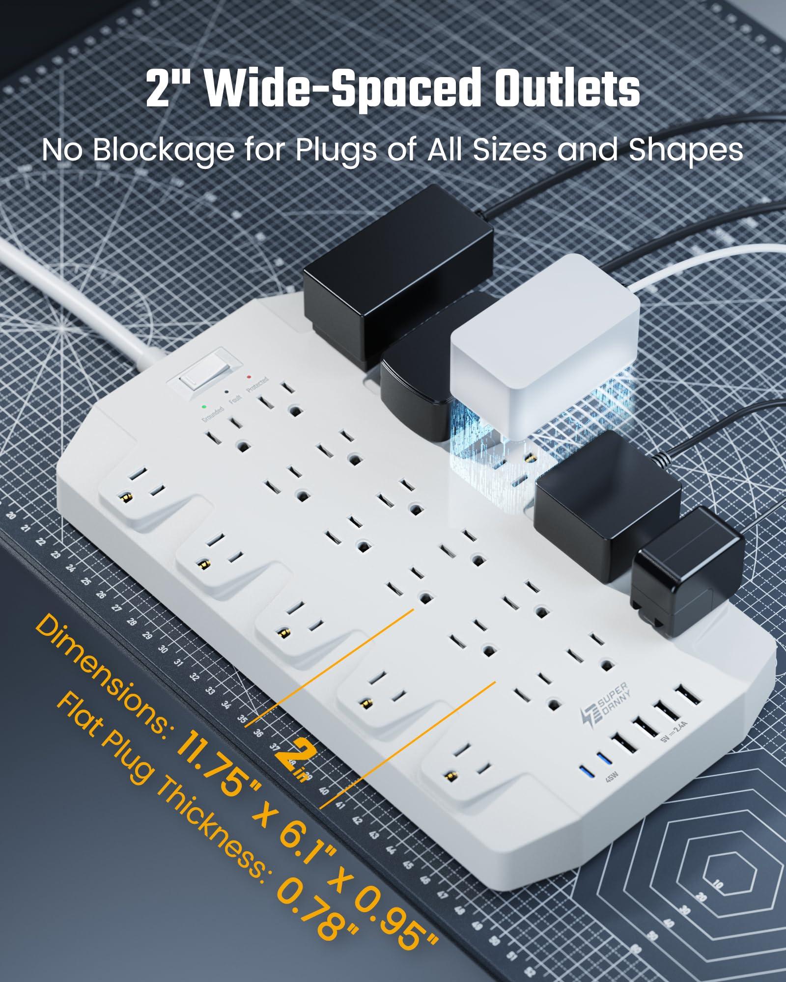 45W Power Strip Surge Protector with PD USB-C, SUPERDANNY 1875W/15A, 2100J, 6.5ft Flat Plug Mountable Extension Cord with 22 Outlet+6 USB Port, Fast Charging for Home,Office,Dorm,Gaming,PC,Streaming - Image 4