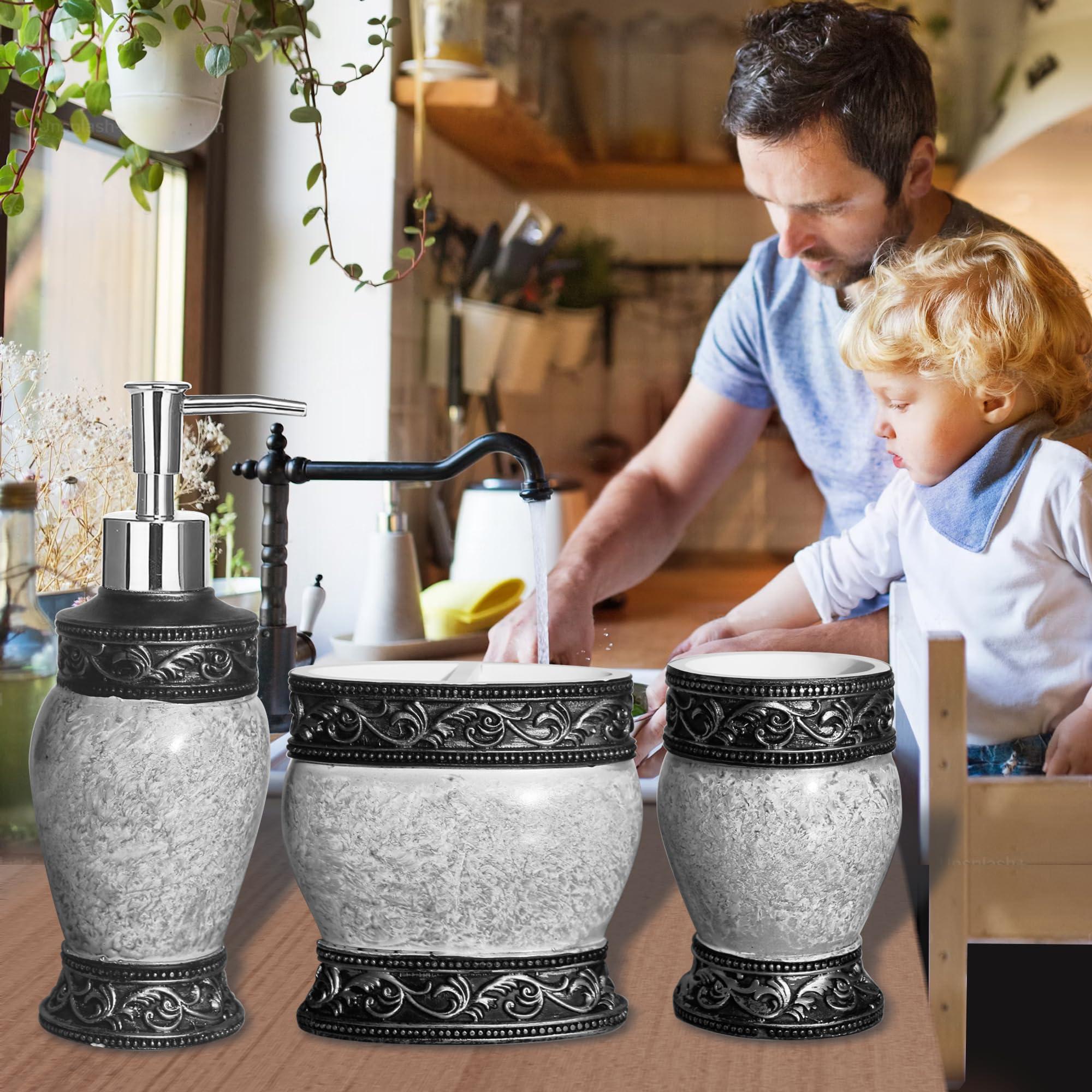 6 Pieces Bathroom Accessories Set Including Trash Can, Cup, Toothbrush Holders, Soap Dishes, Soap Dispenser and Toilet Brush, Home Decoration, Retro Style, Grey - Image 4