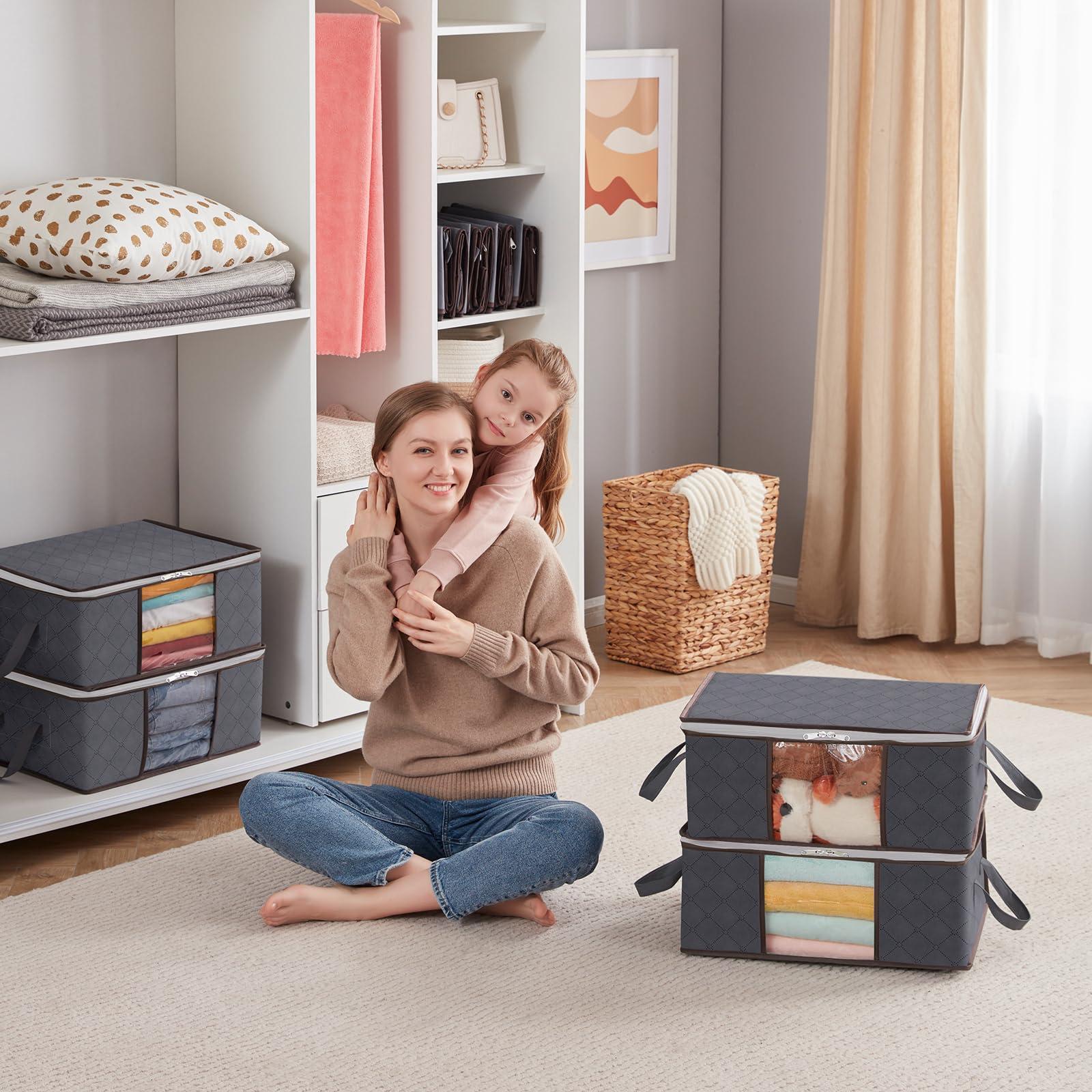 Lifewit 4 Pack Clothes Storage Bag, Foldable Storage Bin Closet Organizer with Reinforced Handle, Sturdy Fabric Blanket Storage with Clear Window, Storage Containers for Clothing, Bedding, Gray - Image 2