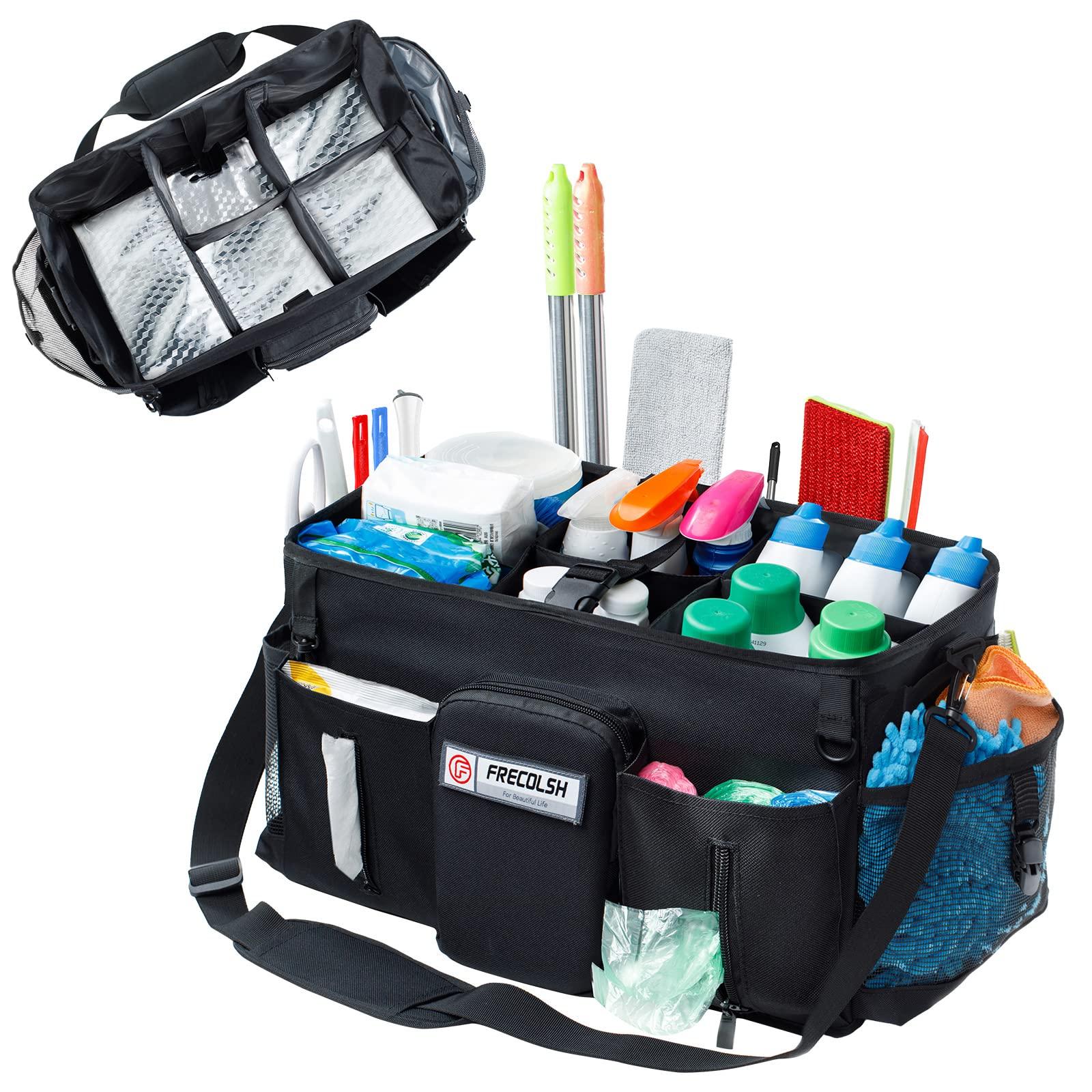 FRECOLSH Large Cleaning Supplies Organizer-Cleaning Caddy Organizer With Handles & Shoulder Strap-Cleaning Bags for Cleaning Suppliers-Housekeepers Wearable Cleaning Tote Upgraded