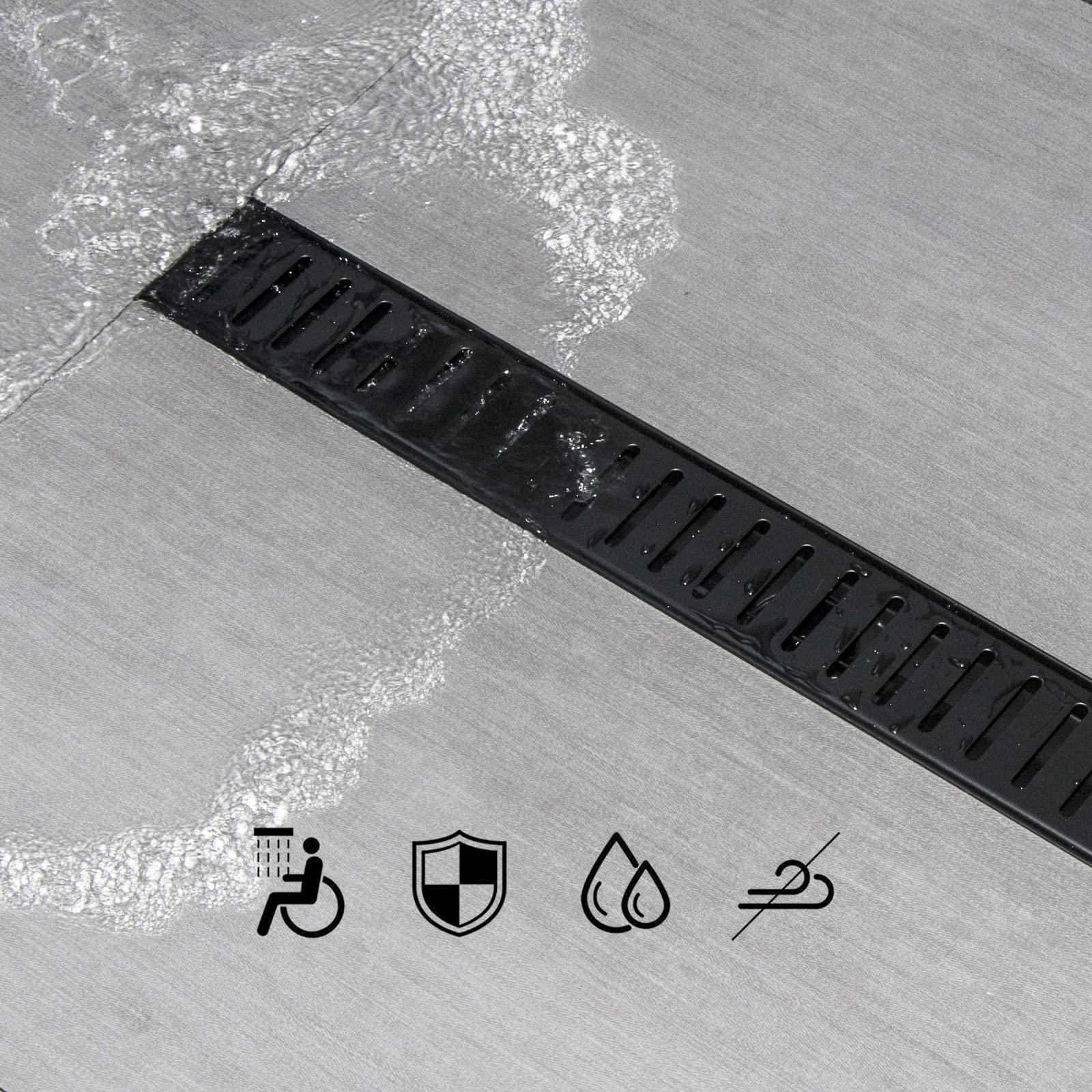 SaniteModar Linear Shower Drain, 32 inch Black Shower Drain with Removable Capsule Pattern Grate,304 Stainless Steel Shower Drain Include Hair Strainer,Adjustable Leveling Feet - Image 3