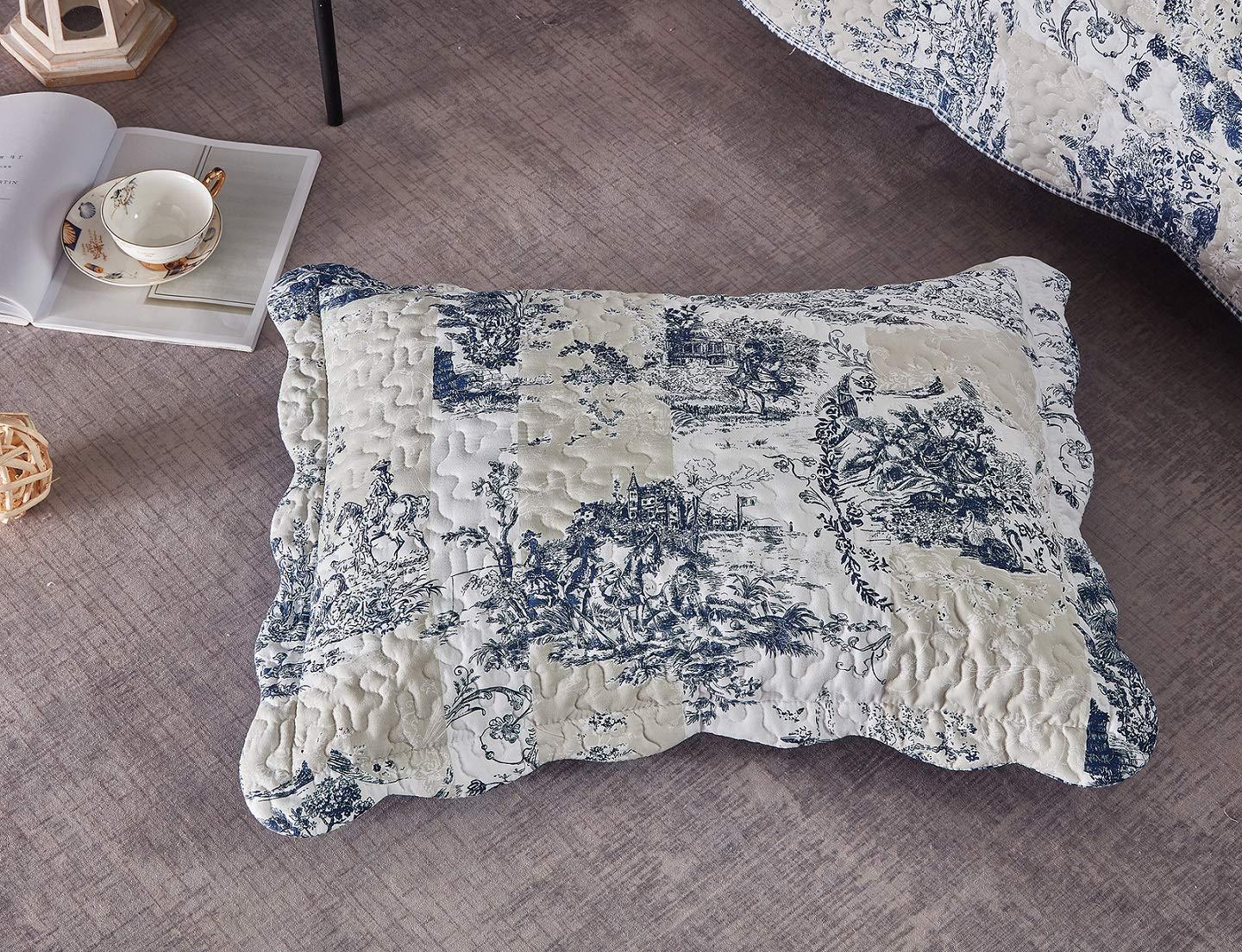 Brilliant Sunshine Blue Toile in Beige and Ivory Patches, 2-Piece Quilt Set with 1 Sham, Reversible Bedspread, Soft Lightweight Coverlet, All-Season, Twin, Blue - Image 4