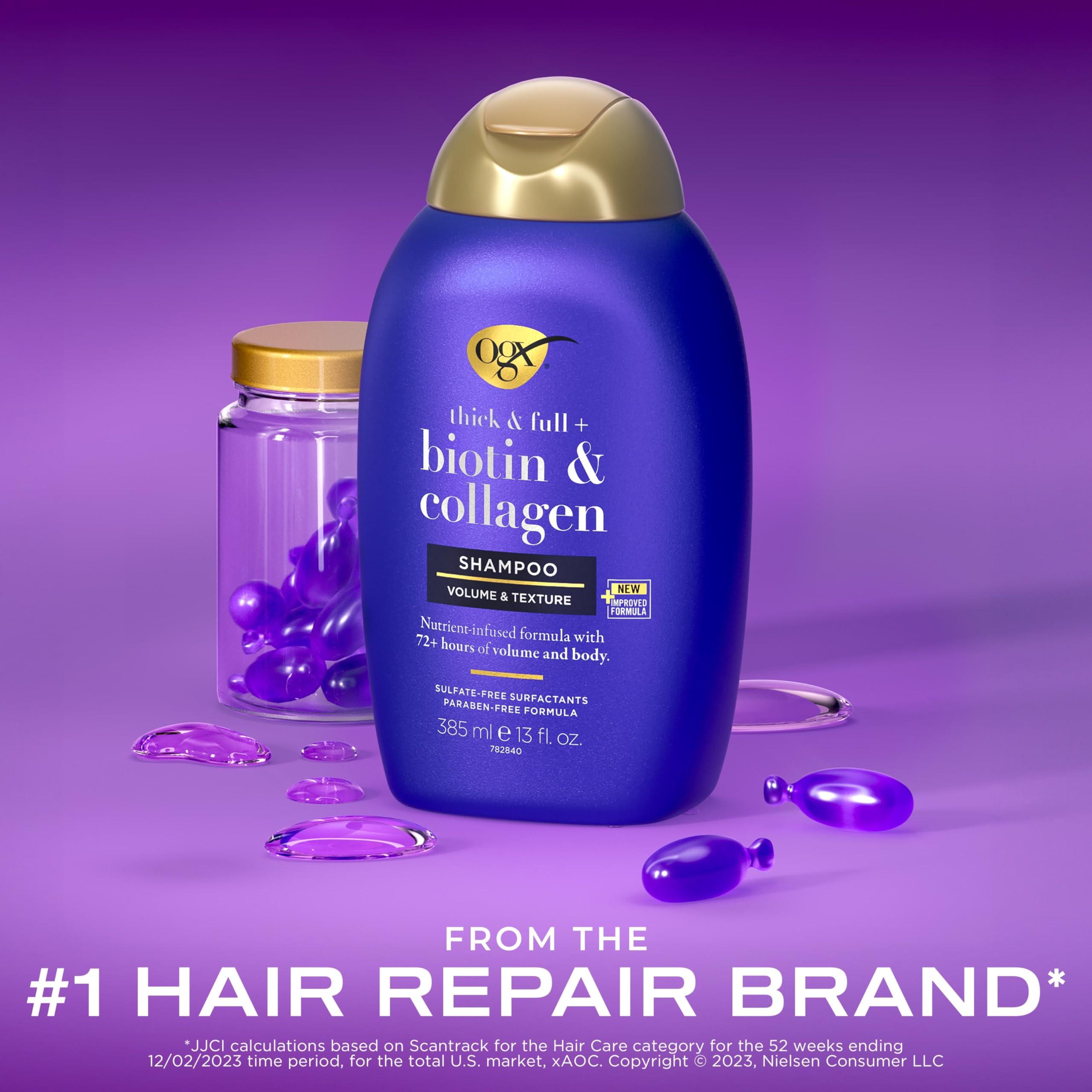 OGX Thick & Full + Biotin & Collagen Volumizing Shampoo, Nutrient-Infused Hair Shampoo with Vitamin B7 Biotin Gives Hair Volume & Body for 72+ Hours, Sulfate-Free Surfactants, 13 fl. oz - Image 2