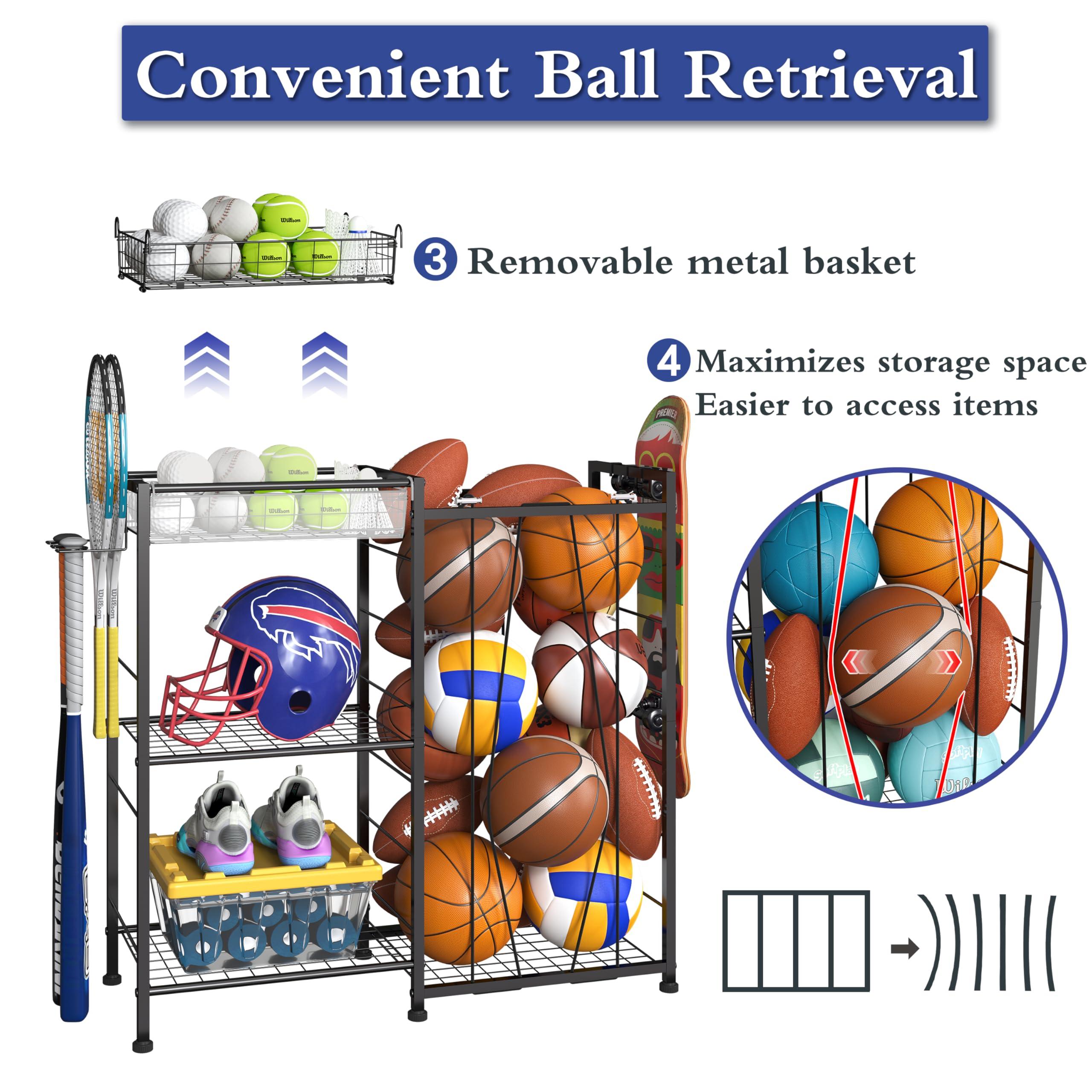 Sports Equipment Organizer, Ball Storage Rack with Elastic Straps and Removable Basket for Garage Organization, Garage Organizer with Hooks for Toy Sports Gear Storage, Sports Ball Storage Cart, Black - Image 4