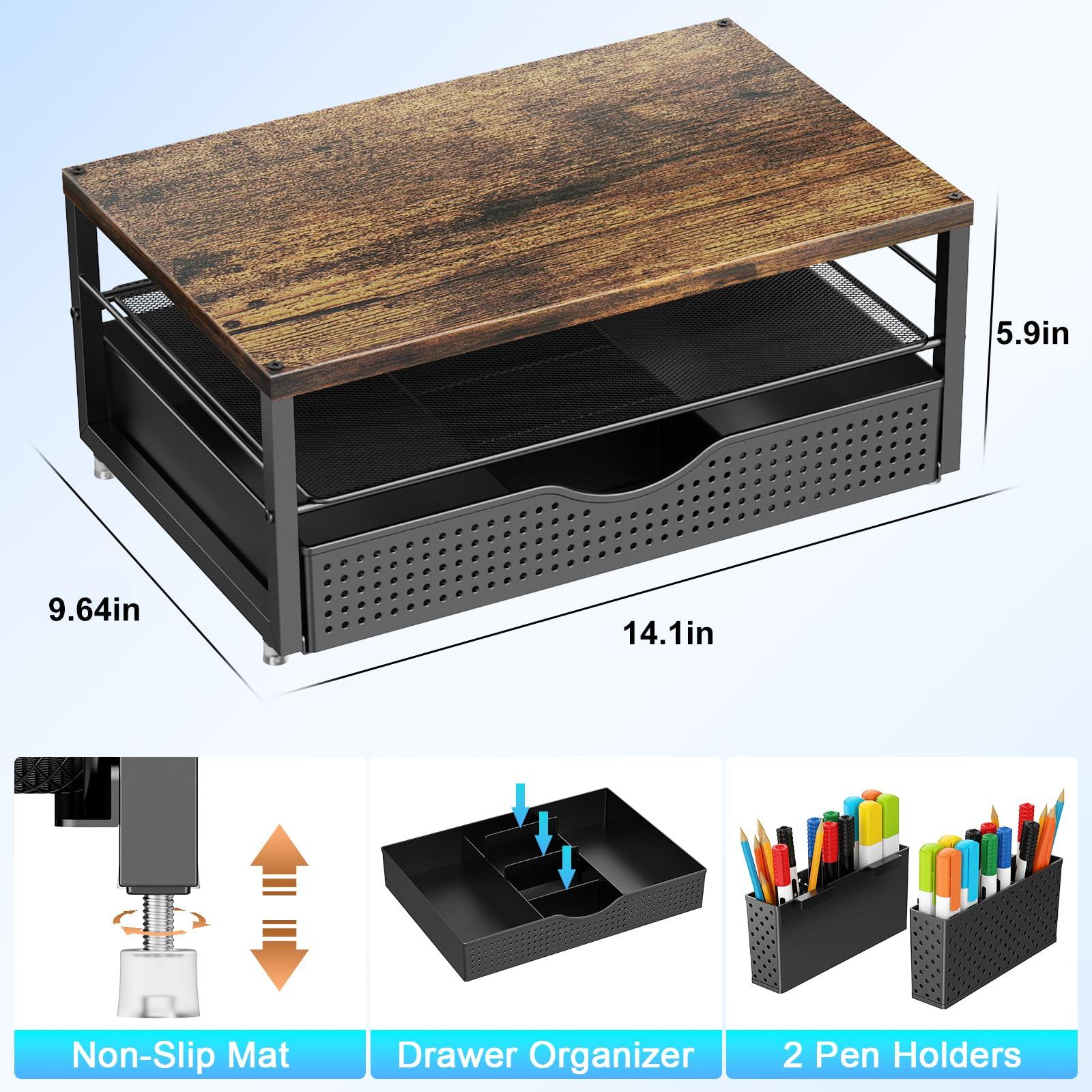 gianotter Wood Monitor Stand Riser, Office Desk Shelf Organizer, Desk Organizer with Drawer and Pen Holder, 2-Tier Computer Stand, Office Organization (Wood) - Image 2