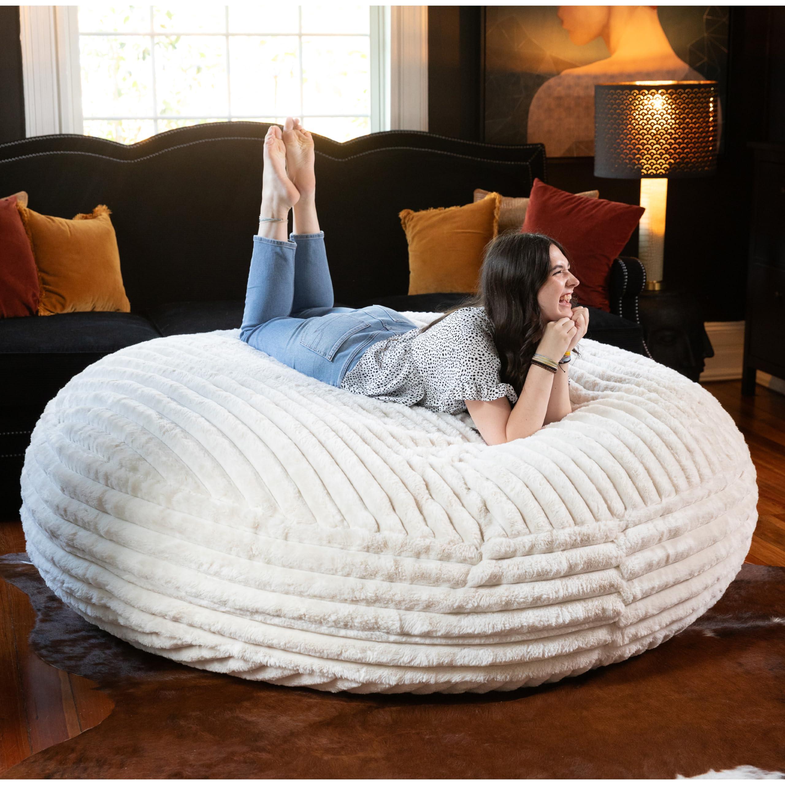 Jaxx 6 Foot Cocoon - 2-in-1 Convertible Bean Bag Bed & Large Bean Bag Chair for Adults, Premium Luxe Faux Fur - Mondo Ivory - Image 3