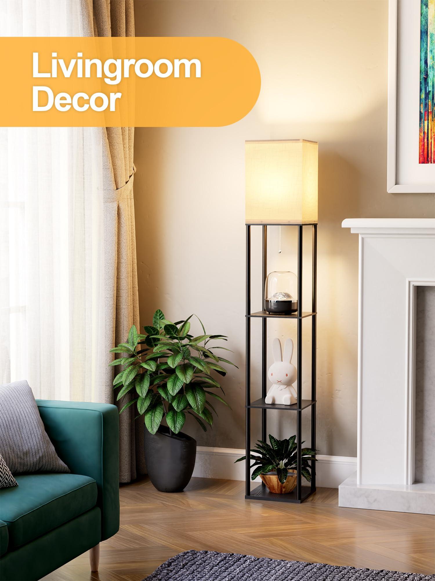 Floor Lamp with Shelves for Living Room, Shelf Floor Lamp with 3 CCT LED Bulb, Corner Display Standing Column Lamp Etagere Organizer Tower Nightstand with White Linen Shade for Bedroom, Office - Image 6