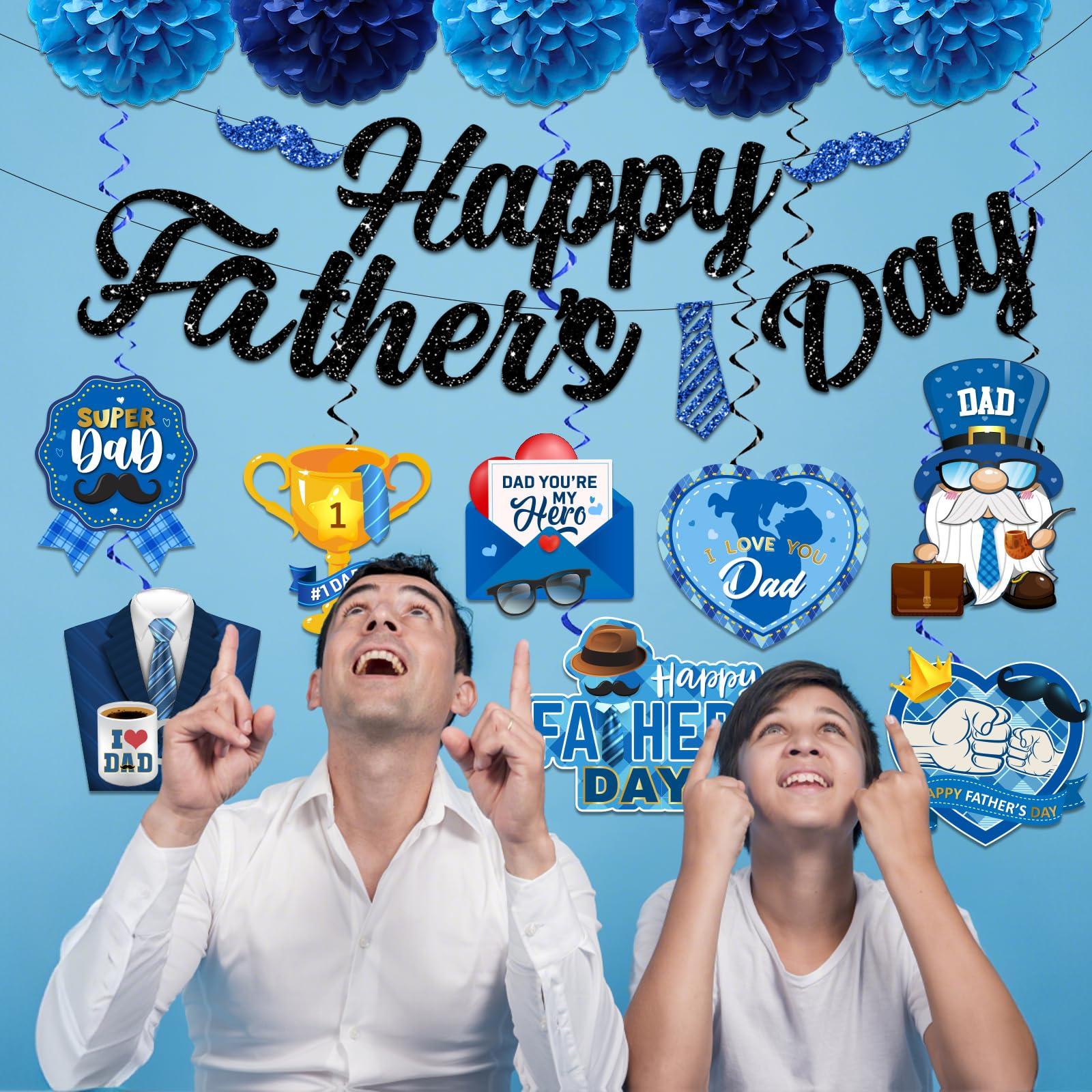 Fathers Day Decorations, Best Dad Ever Decorations includes Glitter Happy Fathers day Banner Dad Hanging Swirls and Blue Tissue Pom Poms, Fathers Day Decorations for Home Office - Image 4