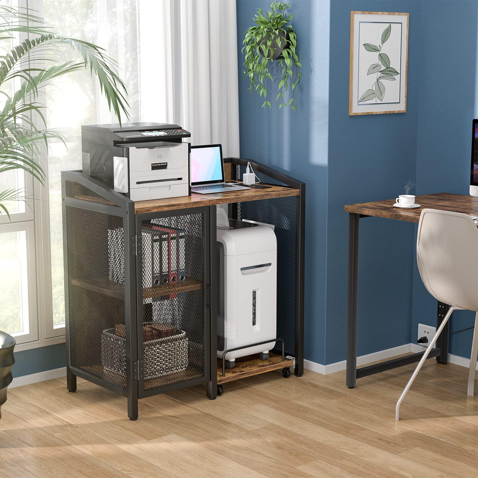 Unikito 3-Tier Lateral Office Filing Cabinets with Socket and USB Charging Port, Modern Printer Stand and Paper Shredder Stand Rack with Wheels and Open Storage Shelves for Home Office, Rustic Brown - Image 7