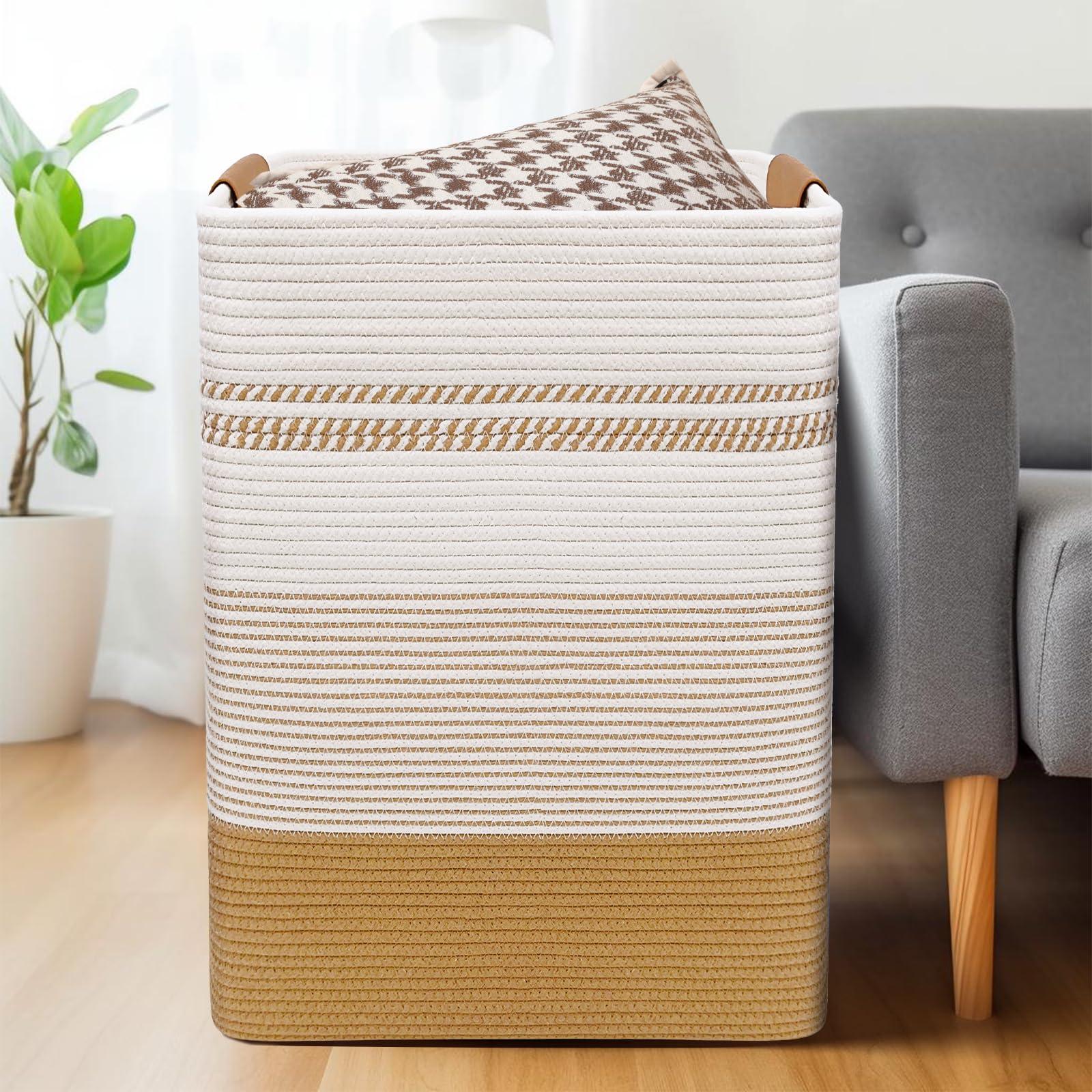 DOFASAYI Laundry Hamper - 85L Large Laundry Basket with Leather Handles, Decorative Storage Basket for Blankets - Clothes Hamper for Living Room, Bedroom, Jute & White - Image 2