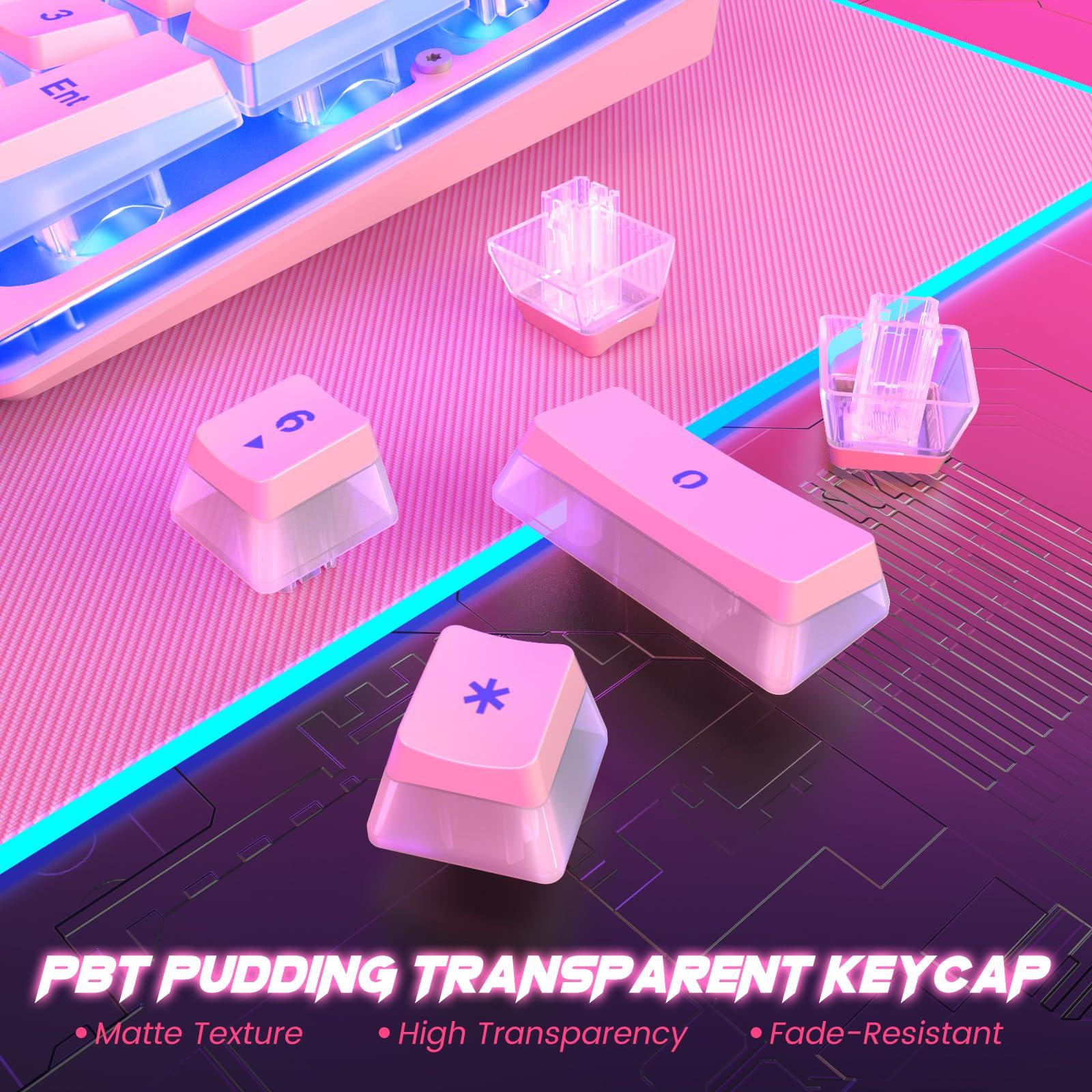 Pink Creamy Keyboard, 104 Keys All-Metal Panel, Rainbow LED Backlit Silent Gaming Keyboard, Wrist Rest, PBT Keycap, Anti-ghosting Keys, Light Up USB Wired Computer Keyboard for PC - Image 3