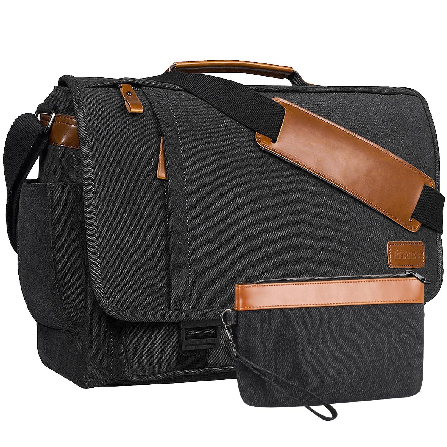 ESTARER Mens Messenger Bag 17-17.3 Inch Laptop Bag Water-resistant Canvas, College/Work/Travel Computer Shoulder Bag with Pencil Case Pouch, Dark Grey