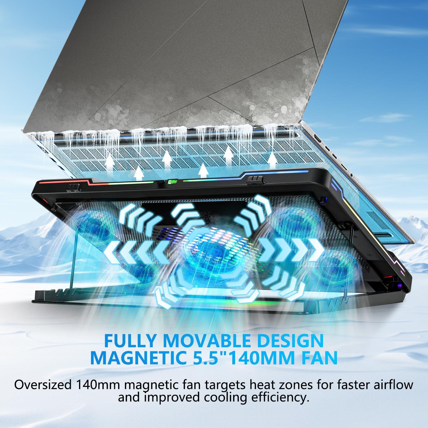 G-STORY Gaming Laptop Cooling Pad with Movable Fan and Automatic Speed Adjustable by Temperature,Music Sync RGB Light,Low Noise Laptop Cooler 3 Speed 1500/1750/2000RPM(140MM) Stand 12–18" Notebook - Image 2