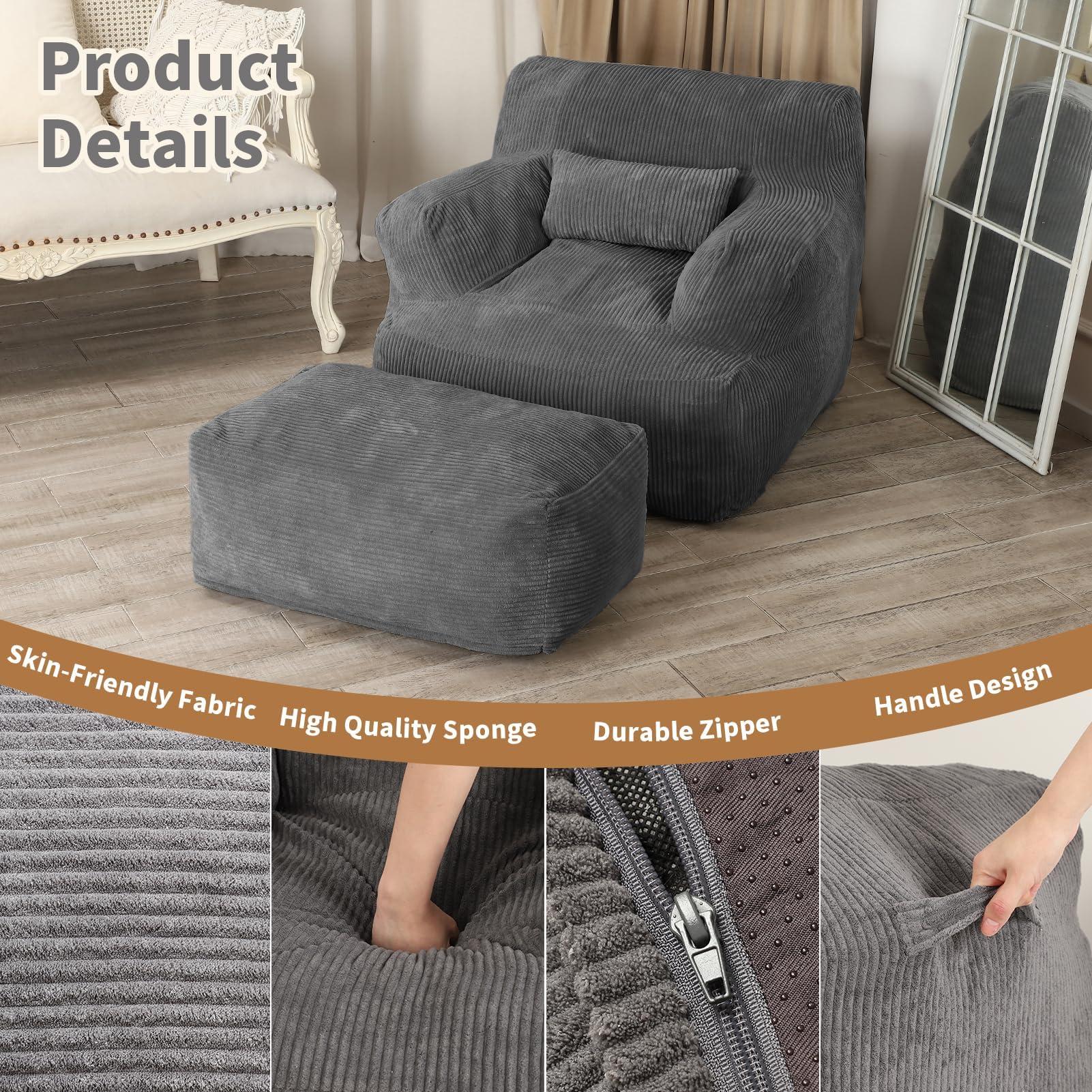 Giant Bean Bag Chair for Adults, Bean Bag Sofa Chair with Ottoman, Comfy Reading Chair for Dorm Room, Dark Grey - Image 4
