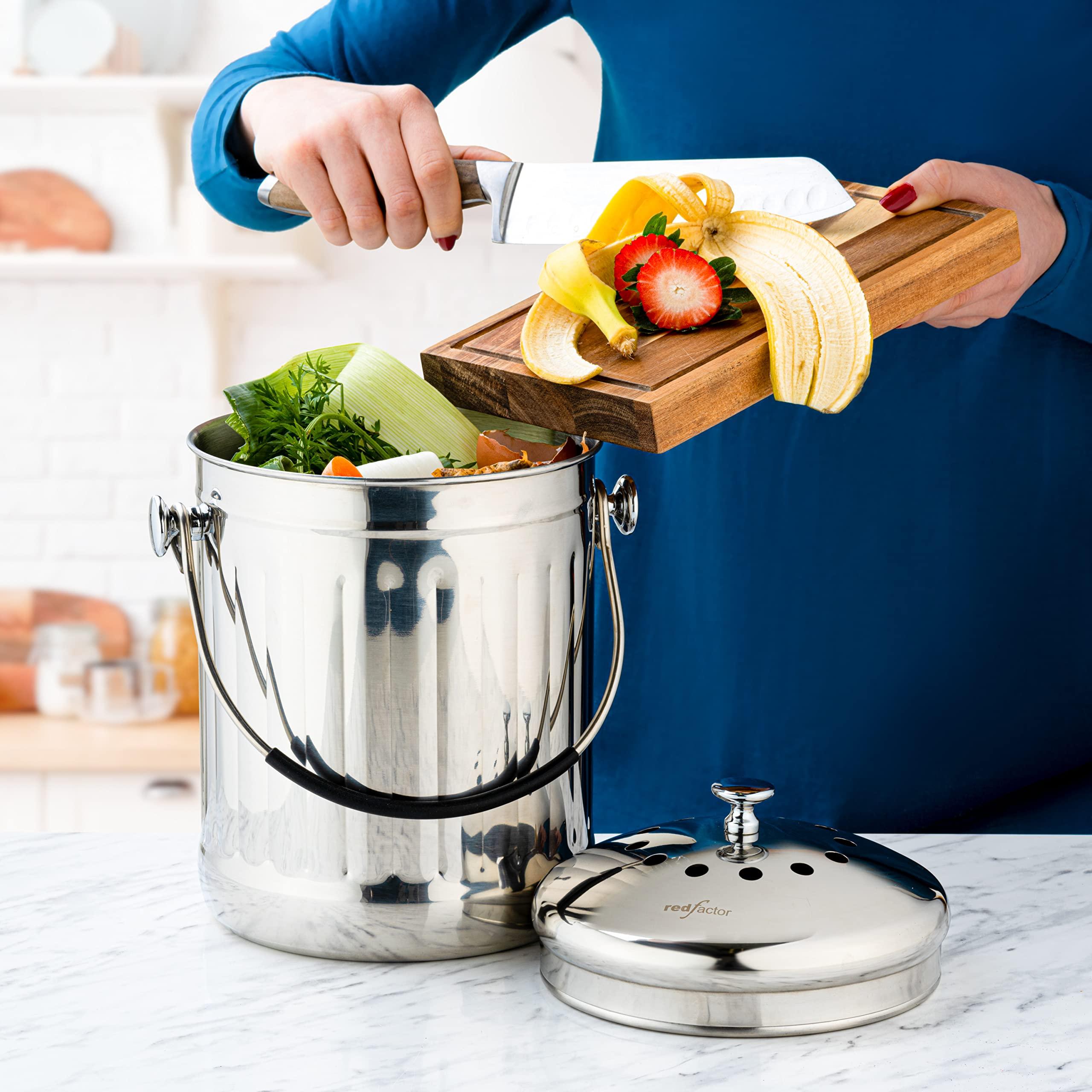 RED FACTOR Premium Compost Bin for Kitchen Countertop - Stainless Steel Food Waste Bucket with Innovative Dual Filter Technology - Includes Spare Filters (Brilliant Steel, 1.3 Gallon) - Image 2