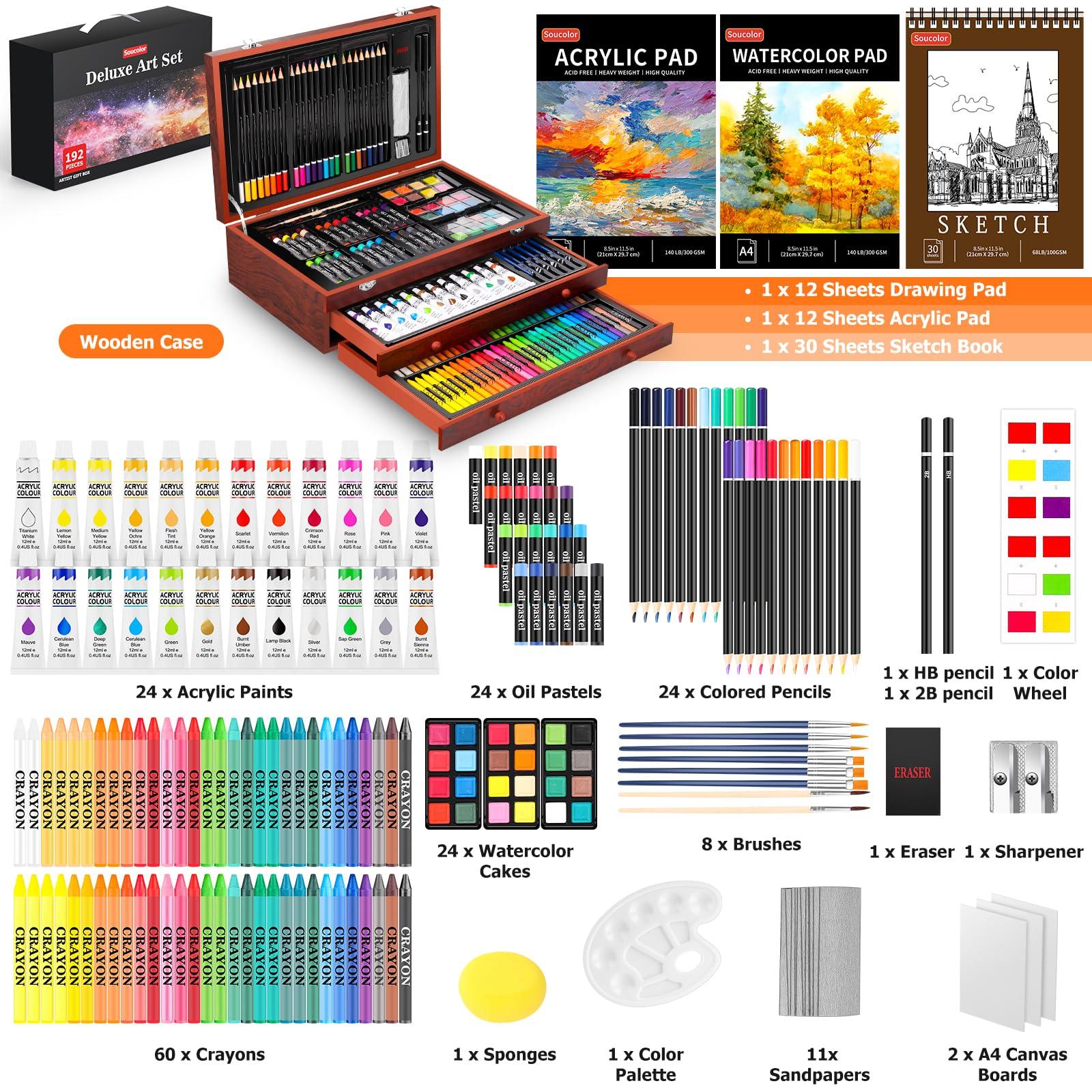 Soucolor Art Supplies, 192-Pack Deluxe Art Set Drawing Painting Supplies Kit with Acrylic Pad, Watercolor Pad, Sketch Book, Canvases, Acrylic Paint, Crayons, Pencils, Gifts for Artist Adults Teen Kids - Image 2