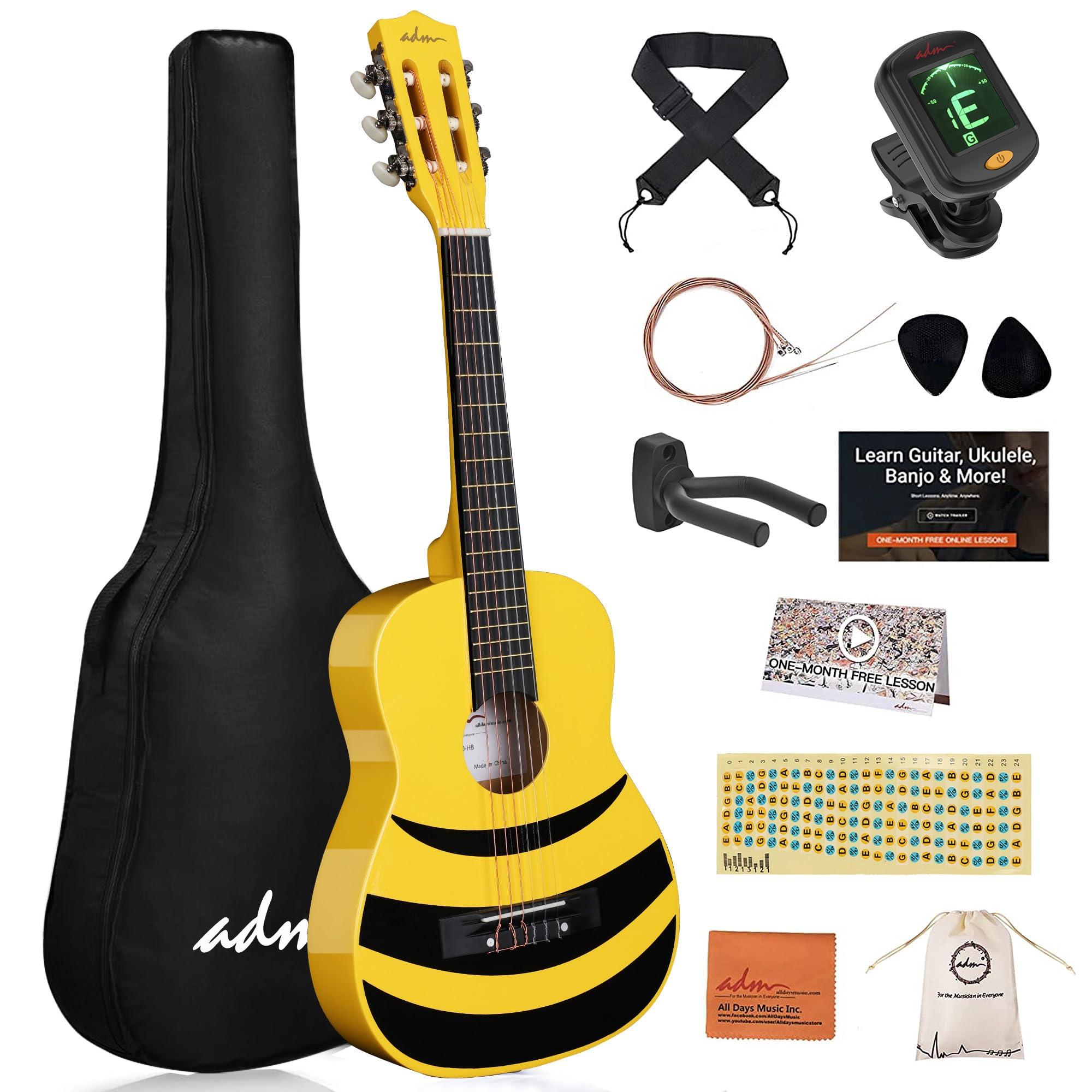 ADM Beginner Acoustic Classical Guitar Nylon Strings Wooden Guitar Bundle Kit for Kid Boy Girl Student Youth Guitarra Online Lessons with Starter Accessories (30 Inch, Honey Bee)