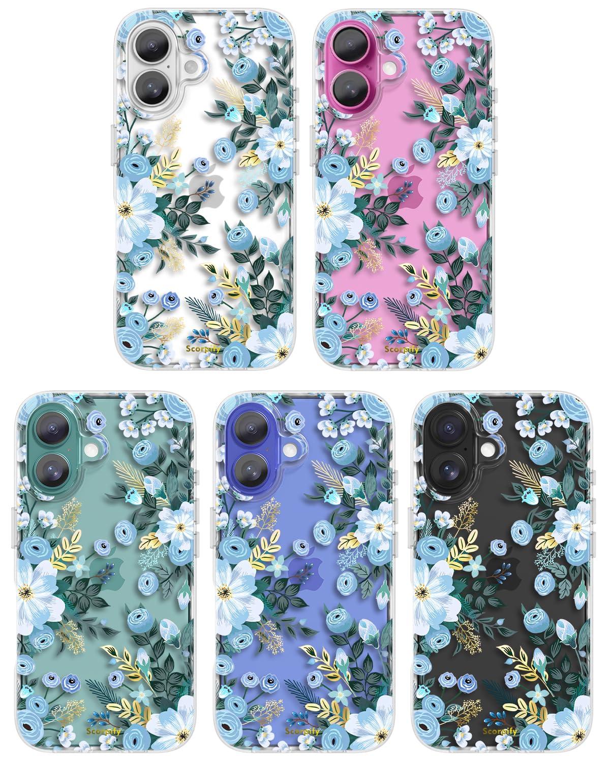 SCORPIFY for iPhone 16 Case with Blue Nemophila Floral Design, Cute Clear Flower Phone Cover for Women Girls, [Non Yellowing] Slim Shockproof Bumper with Gold Accents - Image 6