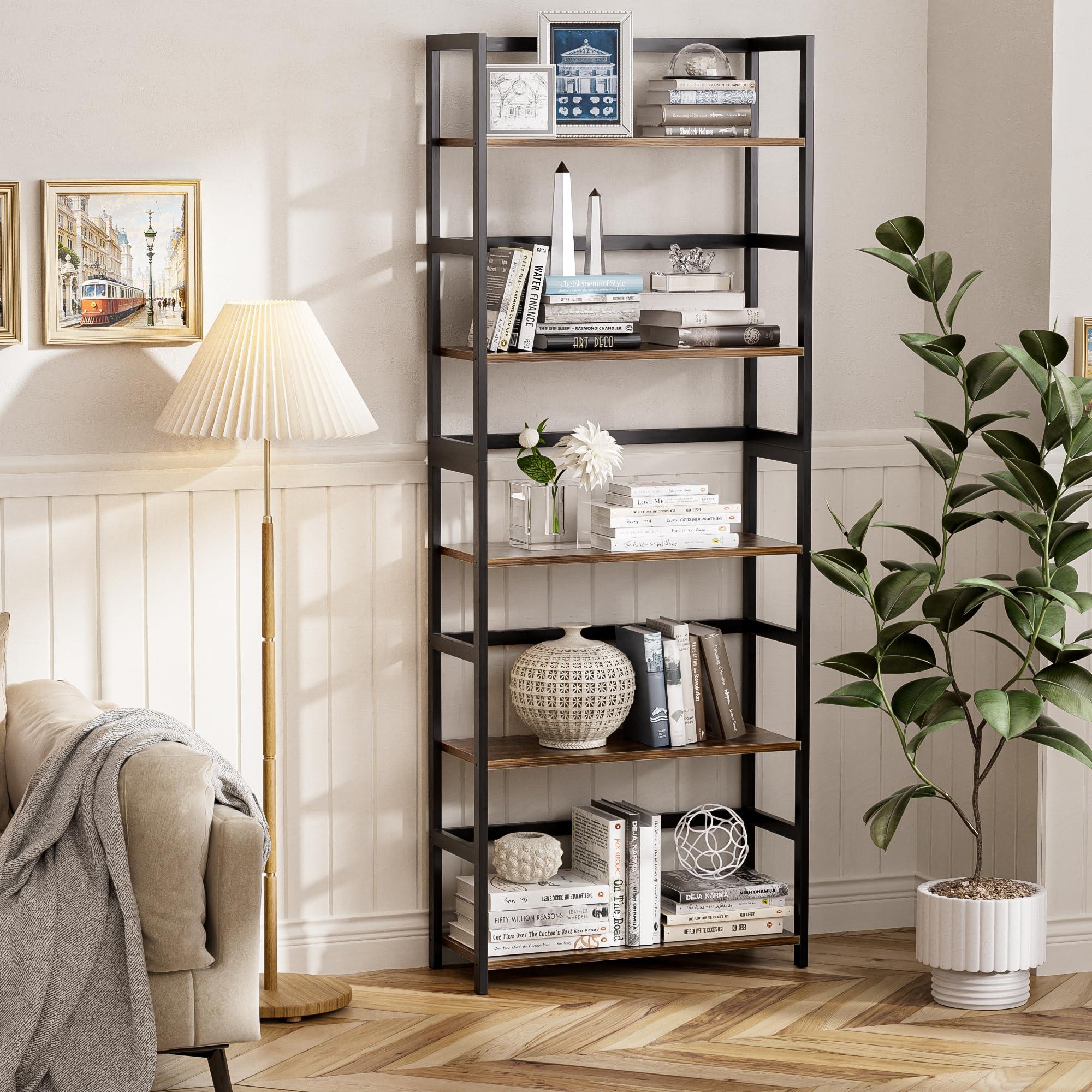 vovala 5-Tier Bookshelf, Industrial Bookcase with Bamboo Frame, Modern Display Standing Shelf Unit, Tall Wood Storage Organizer for Living Room, Home Office, Rustic Brown - Image 2