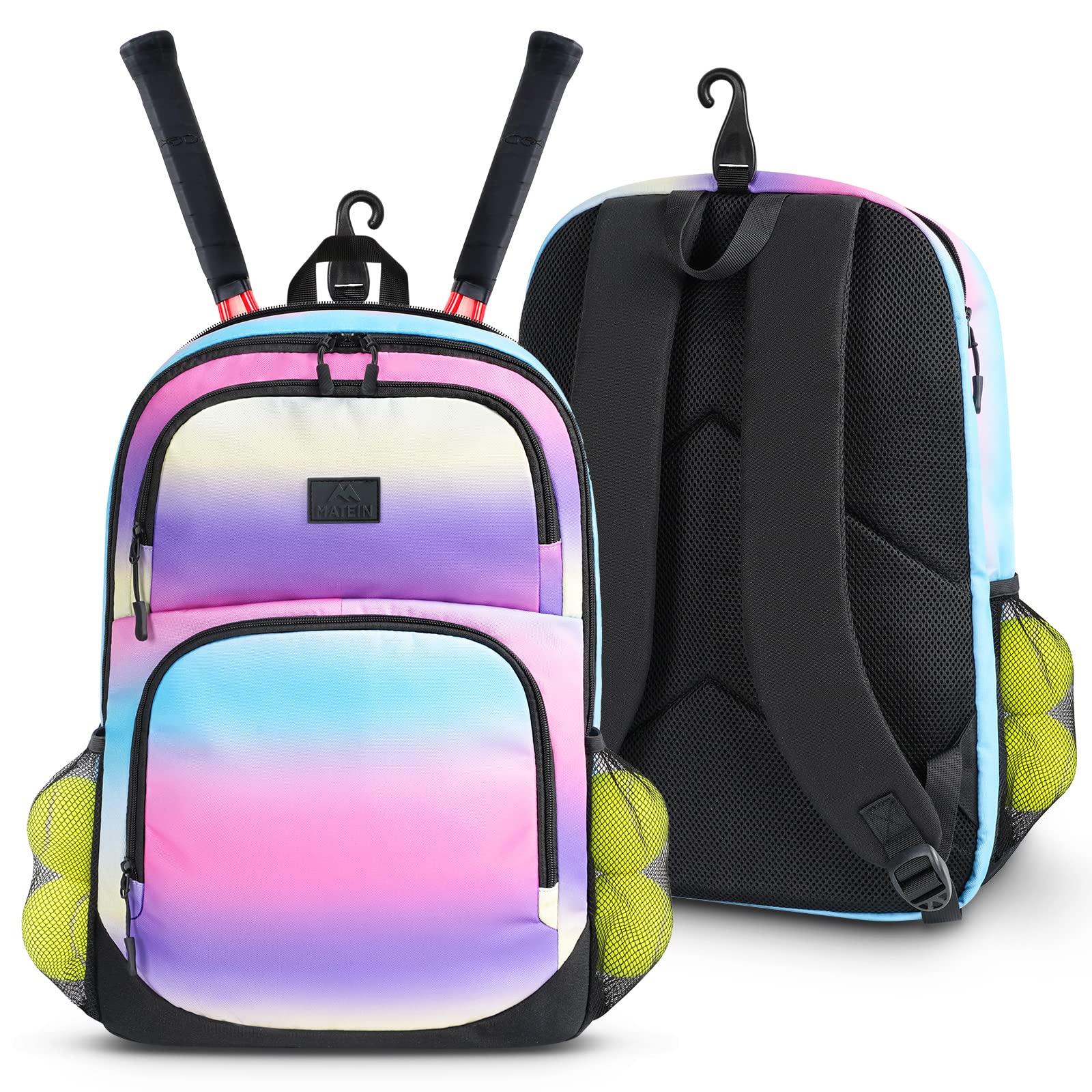 MATEIN Girls Tennis Backpack, Protective Tennis Bag with Cooler Pockets, Sturdy Pickleball Bag with Fence Hook Hold Badminton Paddles, Racket Gifts Backpack for Girls, Kids, Women, Colorful