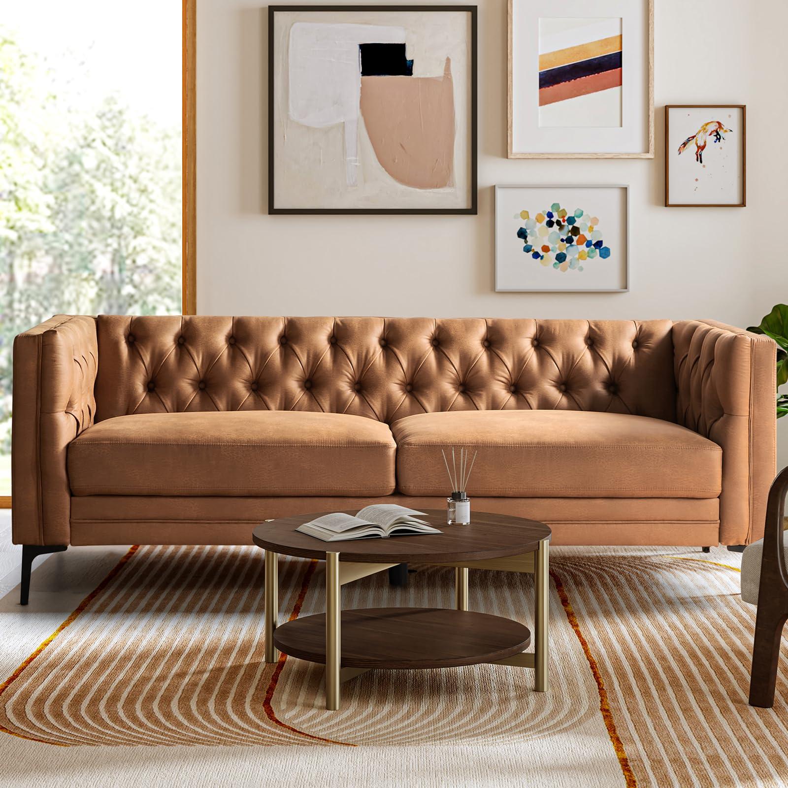 HULALA HOME 84" W Faux Leather Sofa Couch with Metal Legs, Button-Tufted 3-Seater Sofa, Mid Century Modern Upholstered Couch for Living Room, Entertainment Area, Apartment,Camel