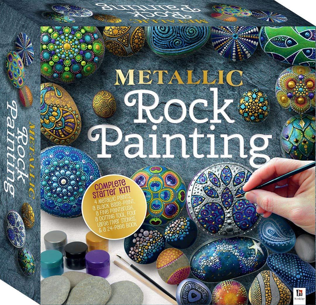 Metallic Rock Painting Box Set - DIY Rock Painting for Adults - Rocks, Brush, Paint Included - Mandala Stone Artist - Create Rock Artwork at Home - Arts and Craft for Adults - Adult Hobbies