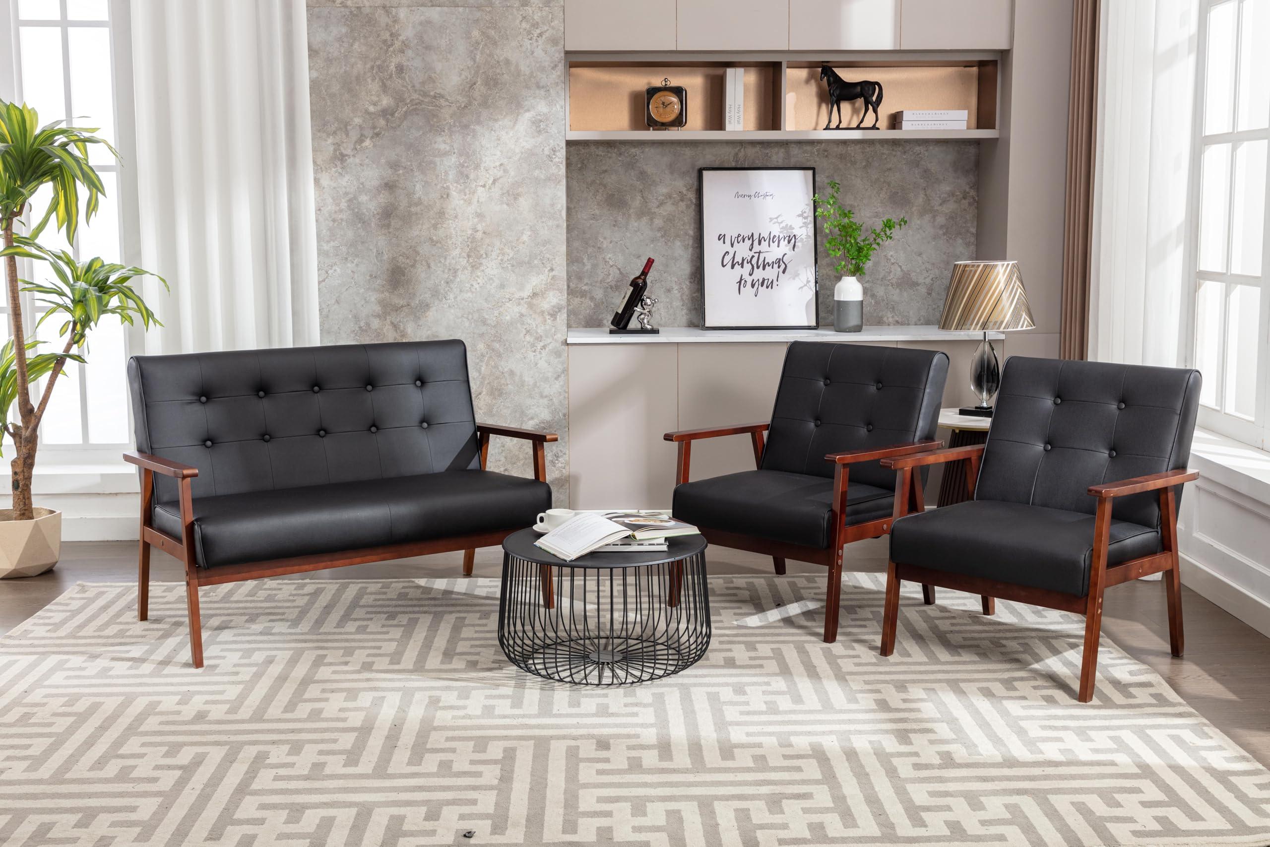 JIASTING Mid Century 1 Loveseat Sofa and 2 Accent Chairs Set Modern Wood Arm Couch and Chair Living Room Furniture Sets (8428 Black Set) - Image 9