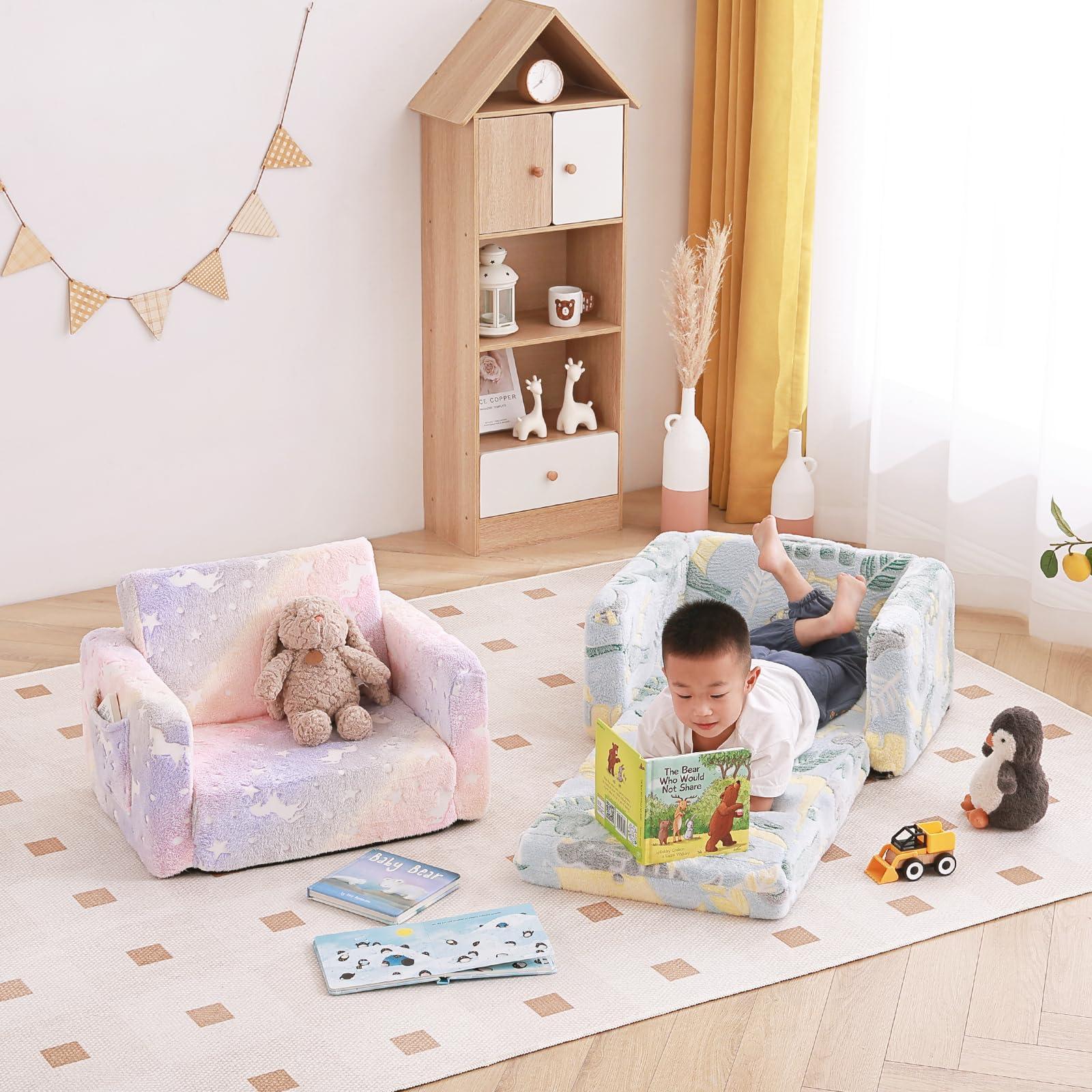 Tiita Kids Sofa, 2-in-1 Kid Sofa, Convertible Children Couch to Lounger, Flip Out Kids Chair, Glow in The Dark Toddler Armrest Chair Bed for Girl or Boy (Grey Dinosaur) - Image 2