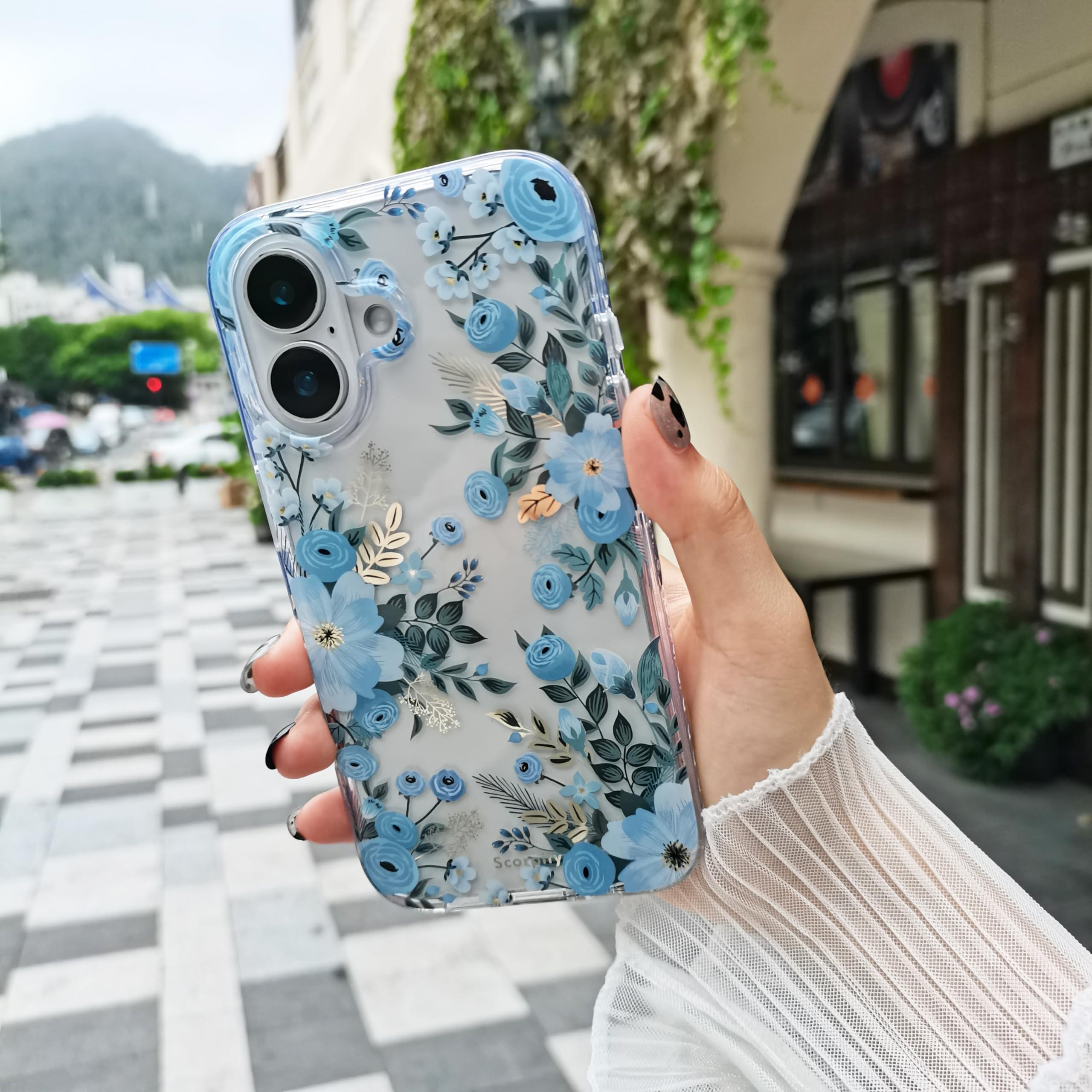 SCORPIFY for iPhone 16 Case with Blue Nemophila Floral Design, Cute Clear Flower Phone Cover for Women Girls, [Non Yellowing] Slim Shockproof Bumper with Gold Accents - Image 3