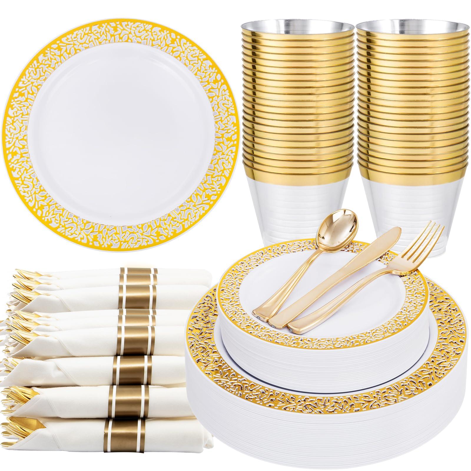 WELLIFE 175Pcs Gold Dinnerware Sets, Include:25 Dinner Plates, 25 Dessert Plates, 25 Paper Napkins, 25 Cups, 25 Plastic Cutlery Set